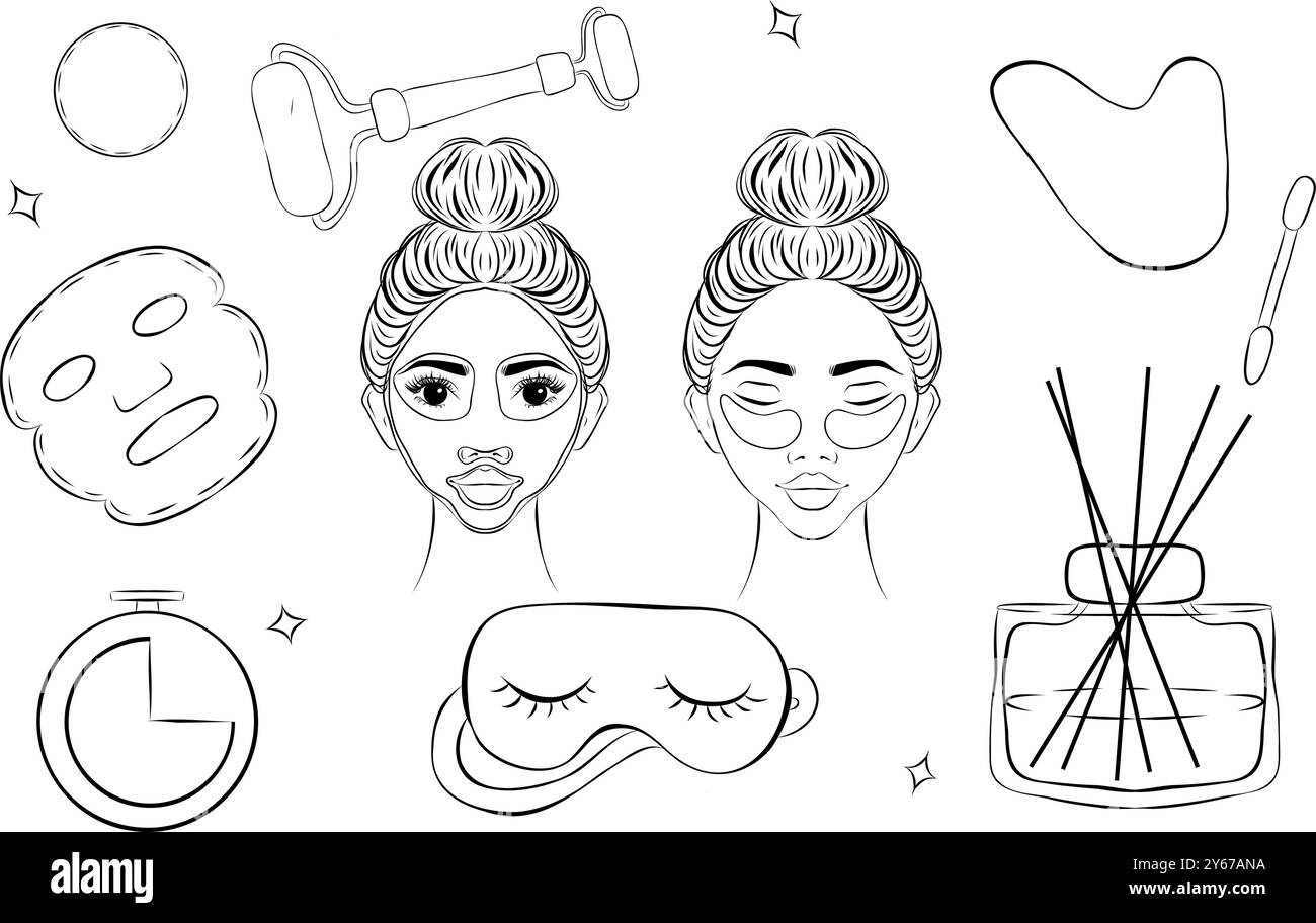 Un ensemble d'éléments dans le style d'esquisse. Routine beauté, soins de la peau. Masque, diffuseur d'arôme, rouleau de massage en jade, masque de sommeil en soie. Inscription Glow gang. V Illustration de Vecteur