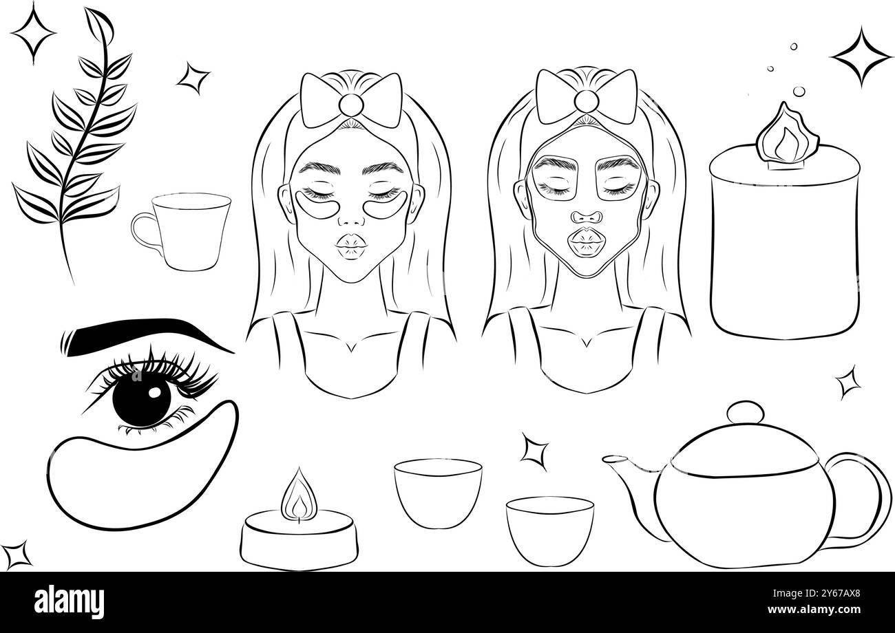 Démaquillage et icônes de soins de la peau. Style de contour simple. Visage, beauté, santé, femme, sain, masque, propre, fille, concept de nettoyage. Illustration de Vecteur