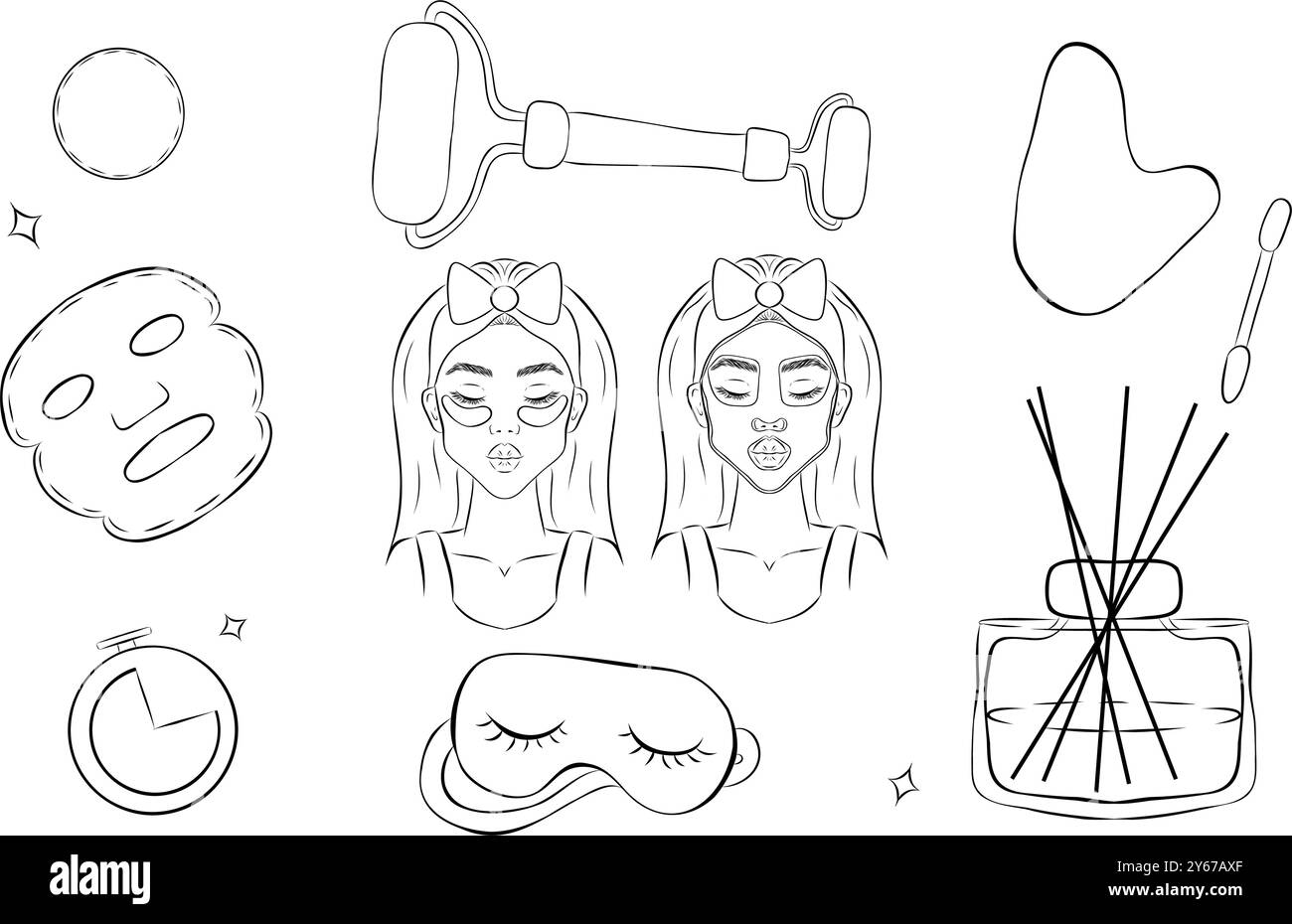 massage de la peau, masque de sommeil, diffuseur d'arôme ensemble de soins de la peau. Style de contour simple. Visage, beauté, santé, femme, sain, masque, propre, frais, fille, propre Illustration de Vecteur