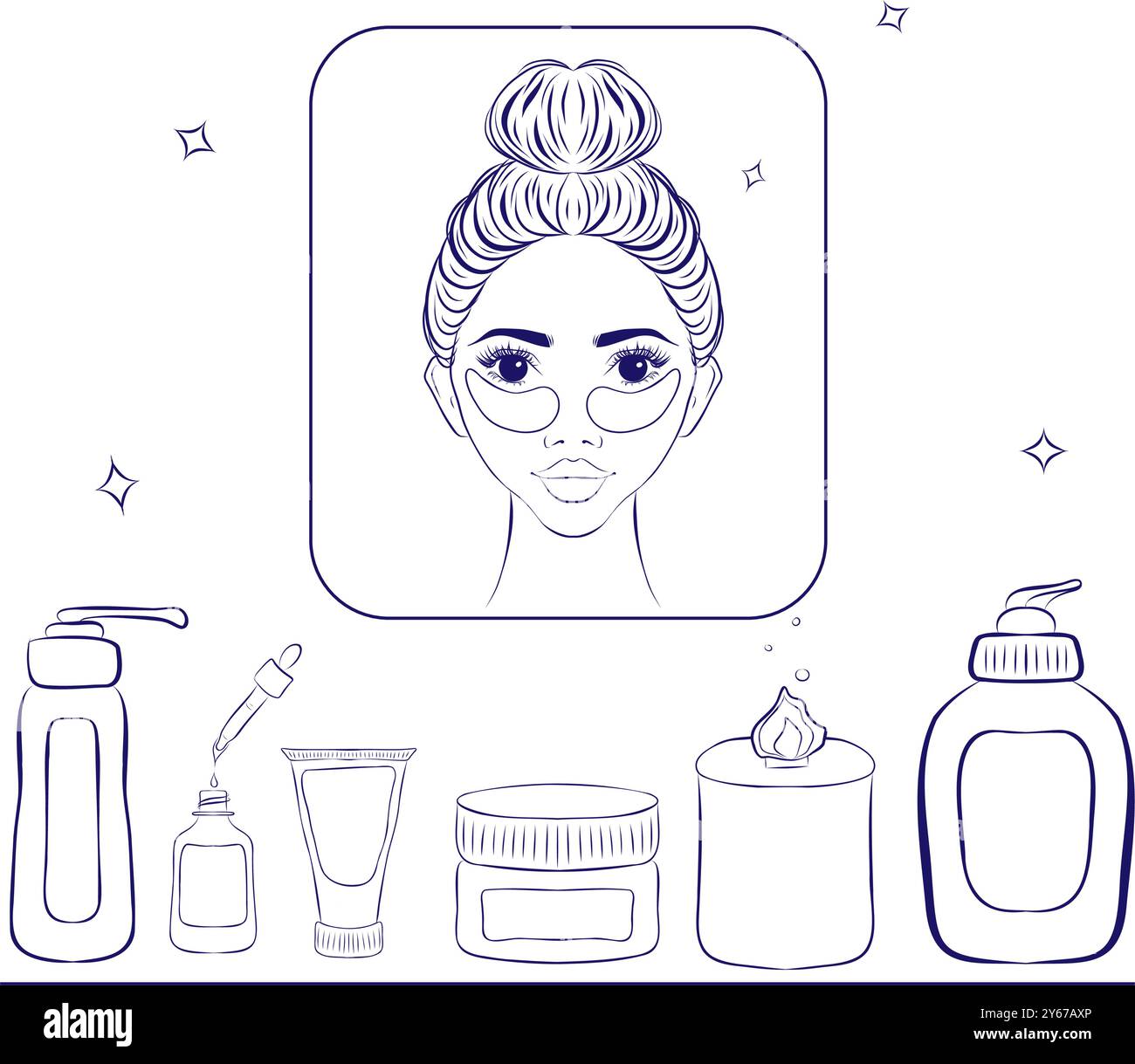 Démaquillage et icônes de soins de la peau. Style de contour simple. Visage, beauté, santé, femme, sain, masque, propre, fille, concept de nettoyage. Co. Esthétique Illustration de Vecteur