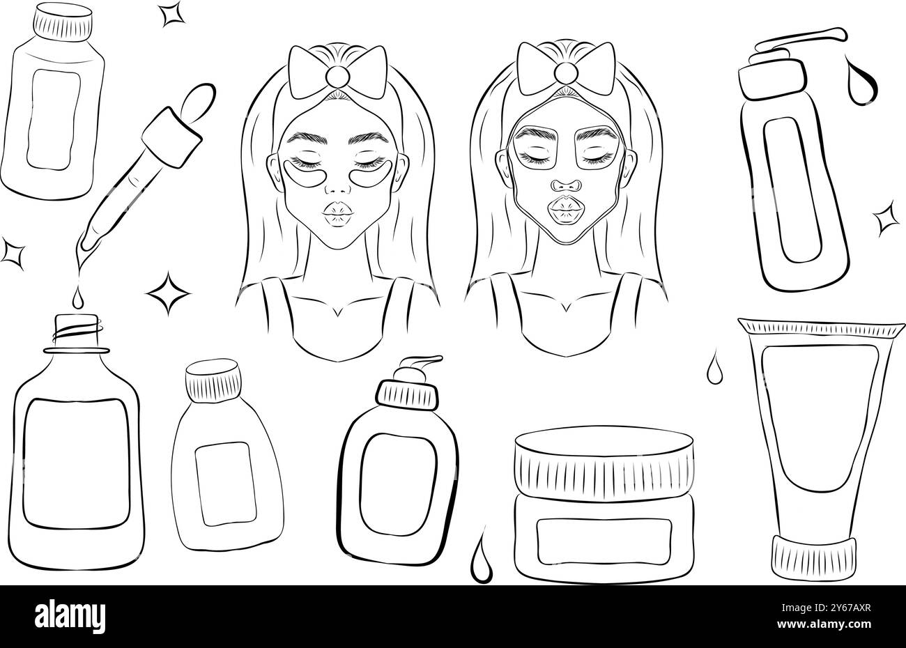 Soins de la peau, produits de beauté, icônes cosmétiques ensemble. Bouteilles et tubes vectoriels dessinés à la main. Routine beauté femme gribouille. Illustration vectorielle de la peau et ha Illustration de Vecteur