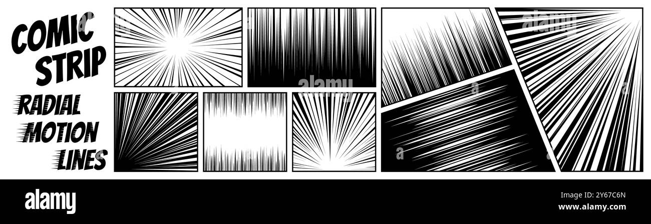 Jeu de lignes de mouvement radiales pour bande dessinée. Bande dessinée anime livre la vitesse de super héros et combattre la texture des rayons de souffle. Action de super-héros manga ou effets d'explosion. Encre graphique représentant un zoom rapide et un flash léger pour dessins animés Illustration de Vecteur