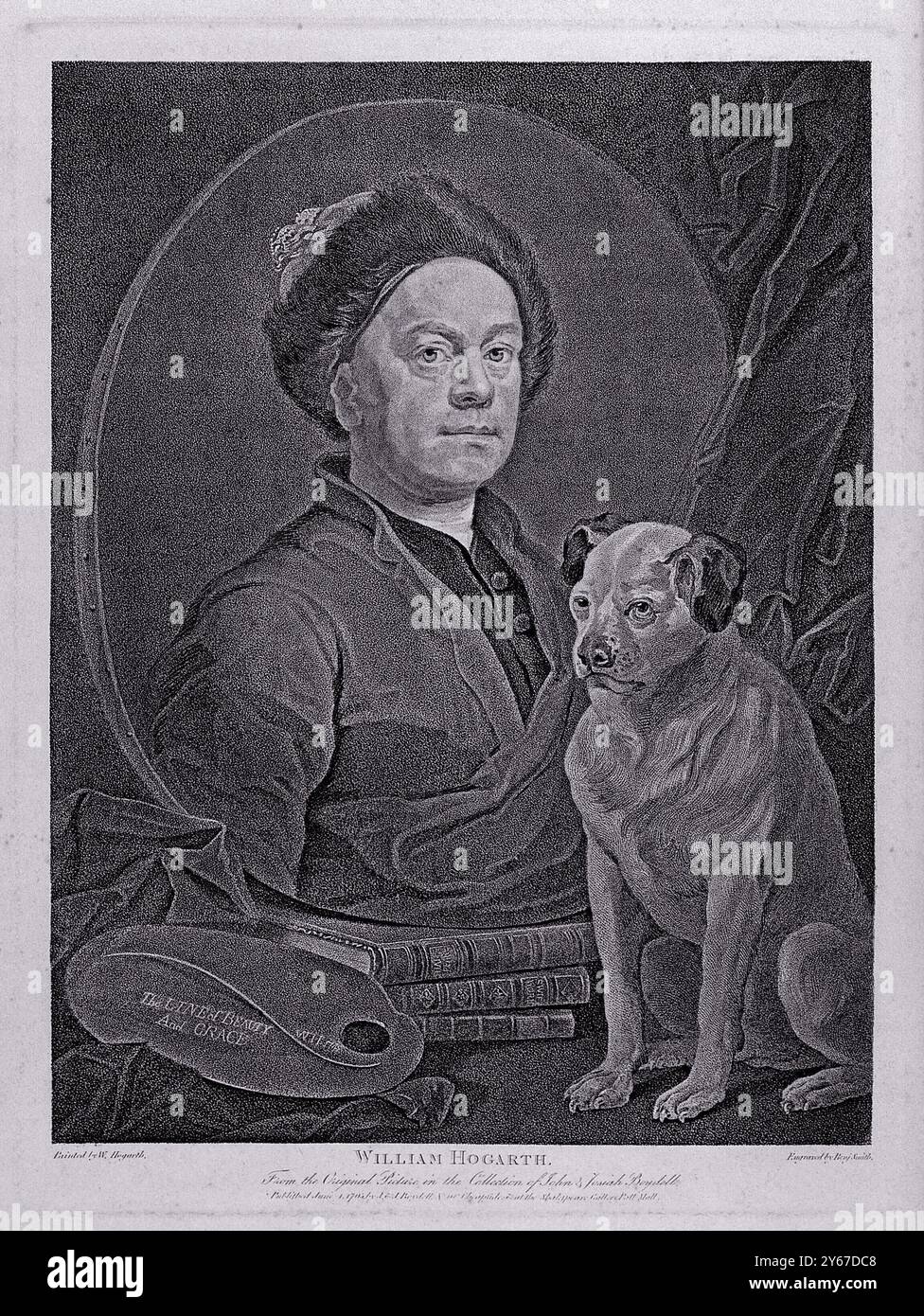 Autoportrait de W. Hogarth dans une casquette Montero, avec son chien Trump. Gravure en pointillés par B. Smith d'après W. Hogarth. William Hogarth FRSA était un peintre anglais, graveur, satiriste pictural, critique social, dessinateur éditorial et écrivain occasionnel sur les œuvres de tous Hogarth, William, 1697-1764. Date : 1er juin 1795 Banque D'Images