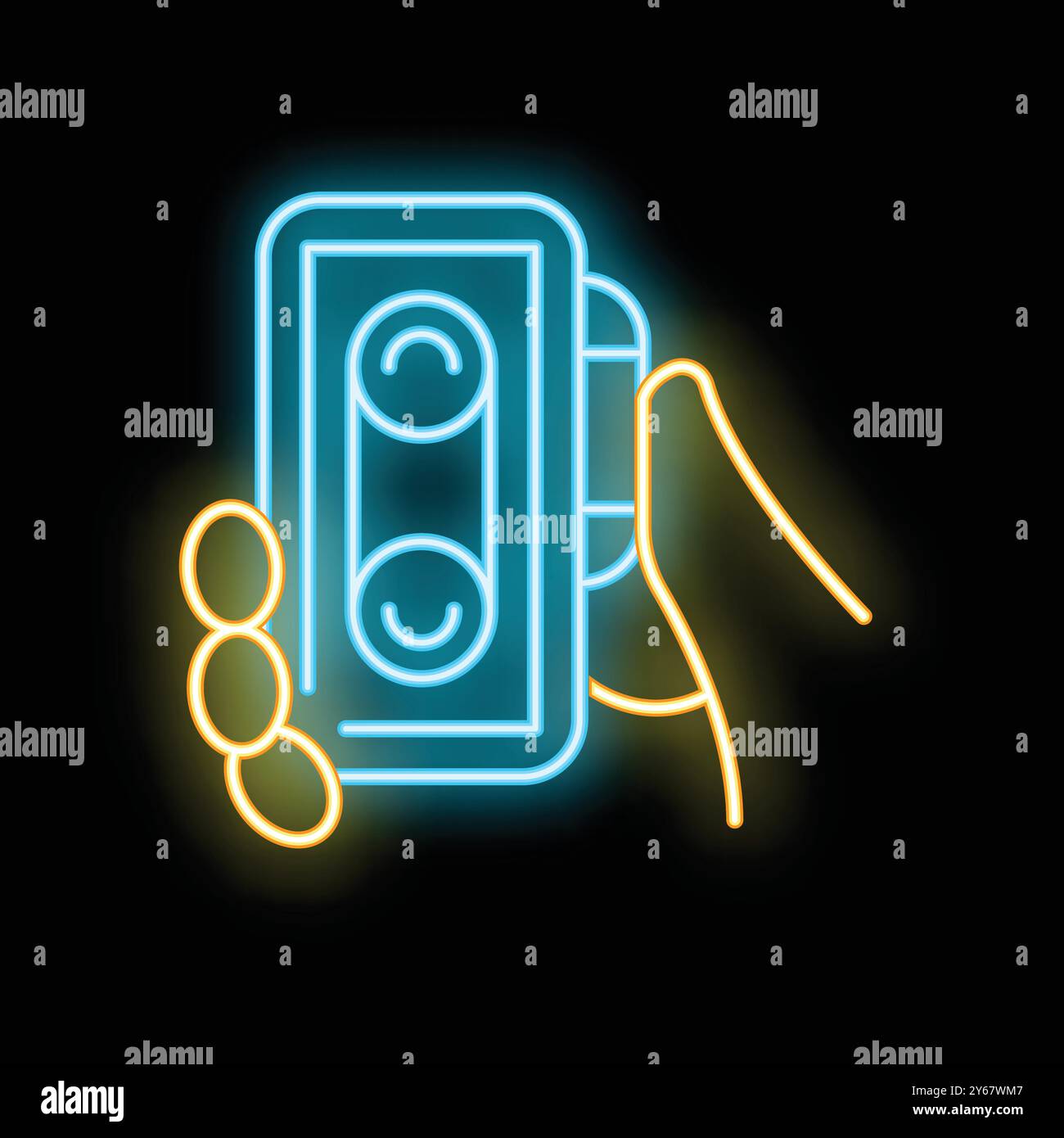 Illustration de signe de néon d'une main tenant une bande vhs, bleu et jaune brillant sur un fond noir Illustration de Vecteur