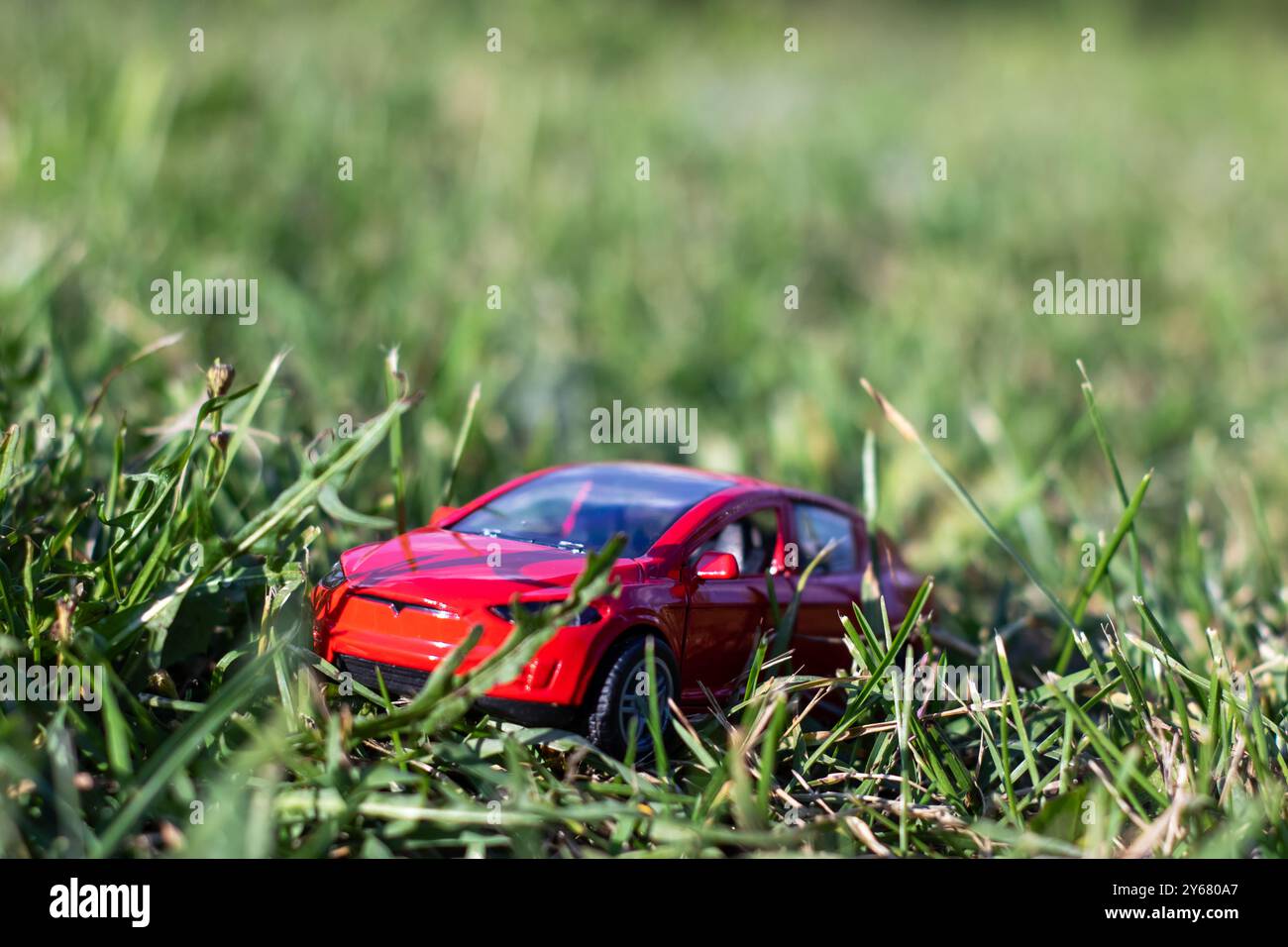 Une voiture jouet rouge vif est paisiblement assis dans l'herbe verte luxuriante, entouré de verdure nature et la beauté du plein air Banque D'Images