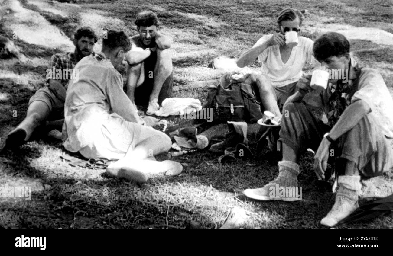 Everest Conqueror Khatmandu : cette photo, réalisée par un caméraman britannique de Movietone News qui est sorti à la rencontre de l'expédition britannique de retour victorieuse de l'Everest, montre Hillary en train de prendre une tasse de thé. Edmund Hillary, avec Sherpa Tenising, était l'homme qui a conquis la montagne le 24 juin 1953 Banque D'Images