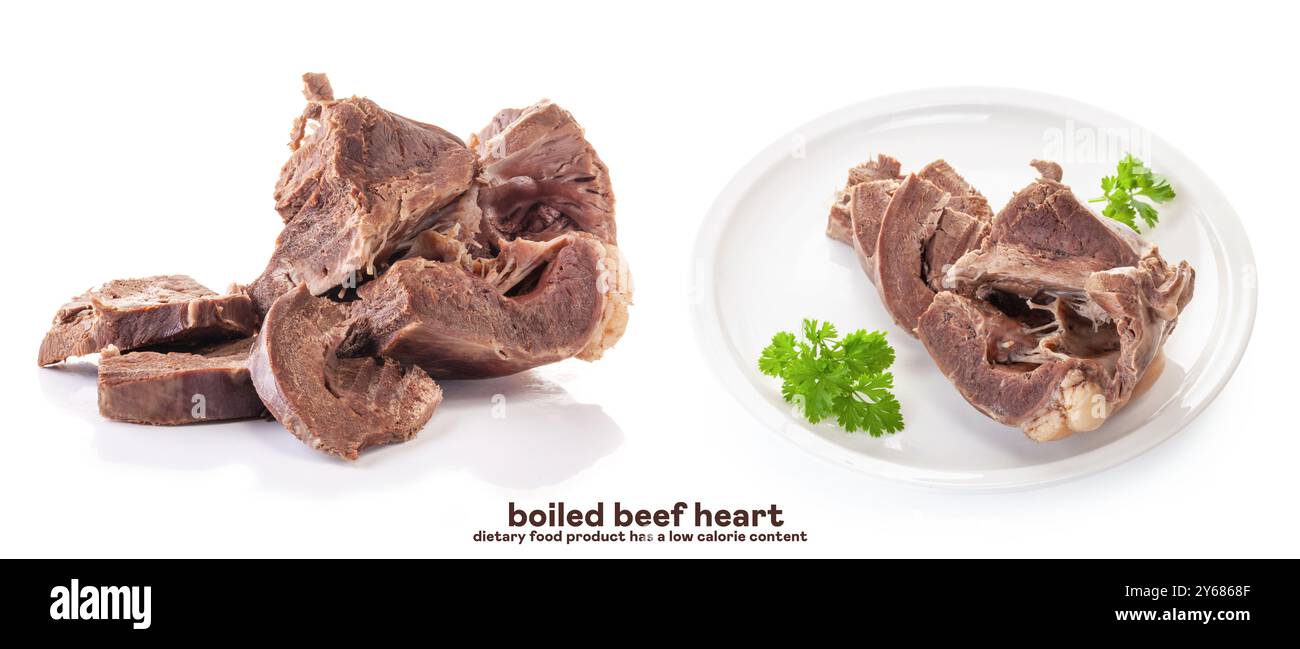 coeur de boeuf bouilli dans une assiette blanche avec perslay. produit alimentaire diététique a une faible teneur en calories. isolé sur fond blanc Banque D'Images
