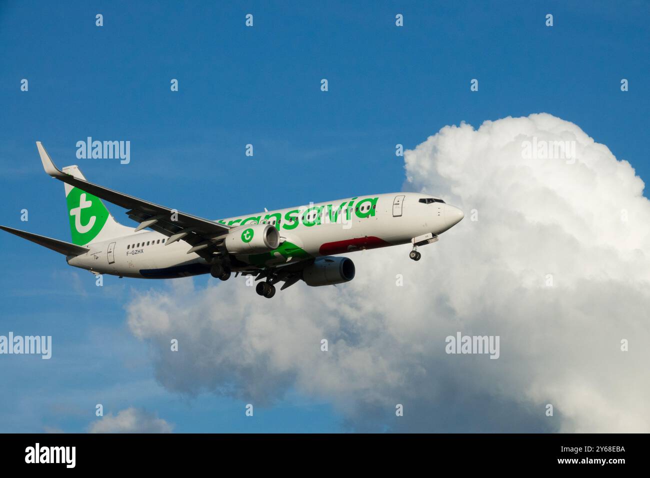 Avion commercial de passagers en vol contre un ciel bleu avec nuages Transavia Airlines avion Boeing 737 atterrissage Banque D'Images