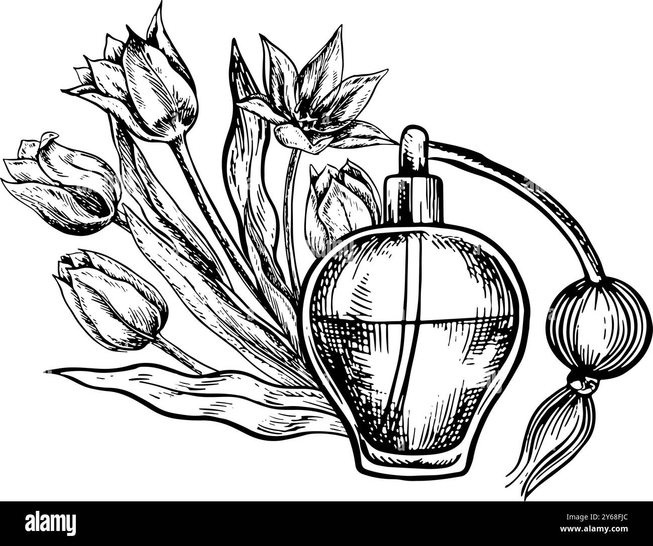 Parfums et tulipes. Bouteille de parfum vintage en verre transparent avec un vaporisateur. Graphiques vectoriels noir et blanc faits à la main. Parfum de printemps f Illustration de Vecteur