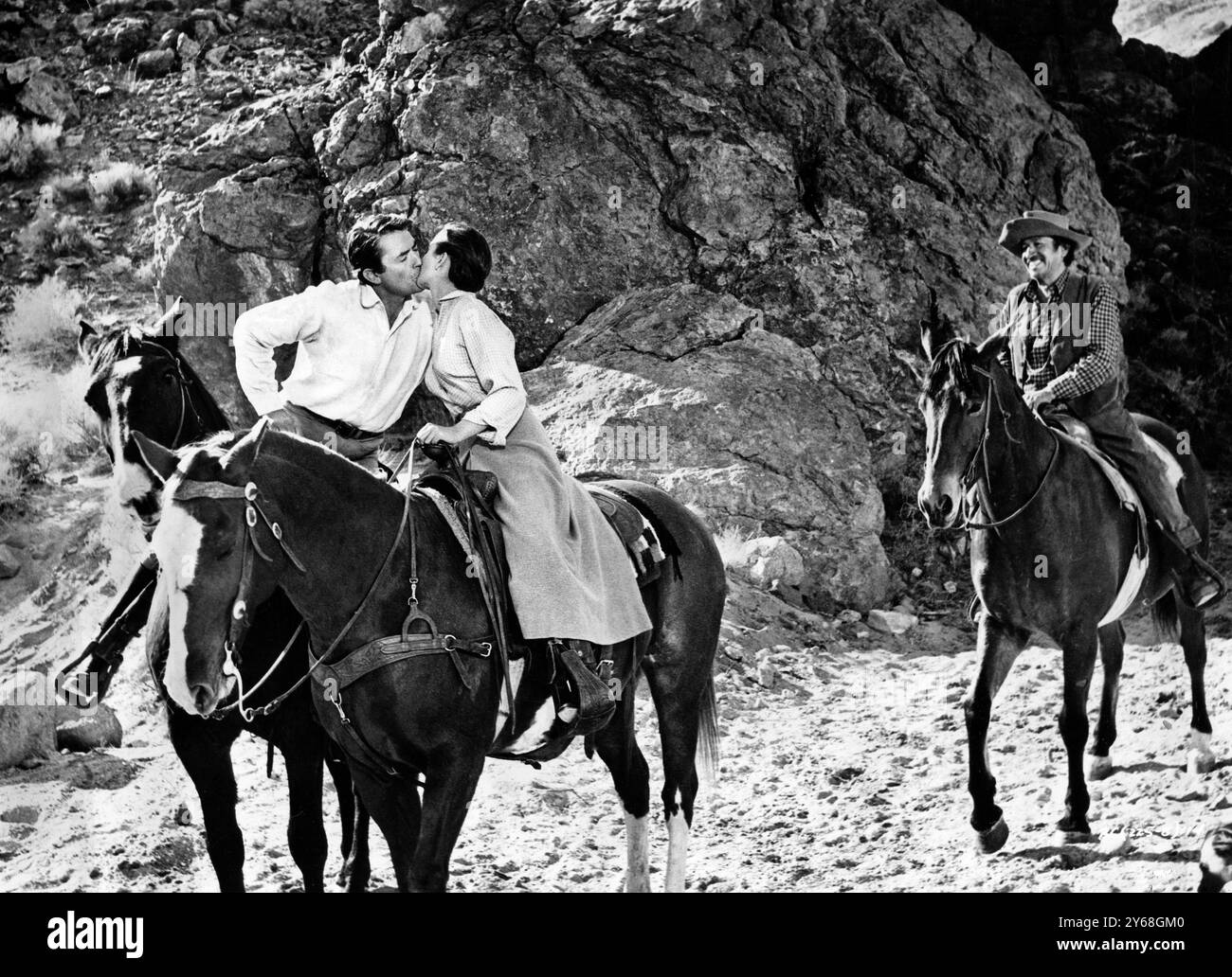 Gregory Peck, Jean Simmons, sur le plateau du film WESTERN, 'The Big Country', United Artists, 1958 Banque D'Images