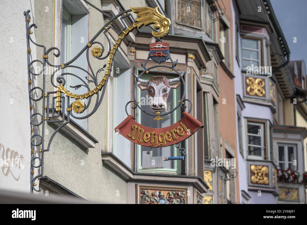 Panneau de nez avec une tête de vache d'une boucherie, Rottwei, Bade-Wuerttemberg, Allemagne, Europe Banque D'Images