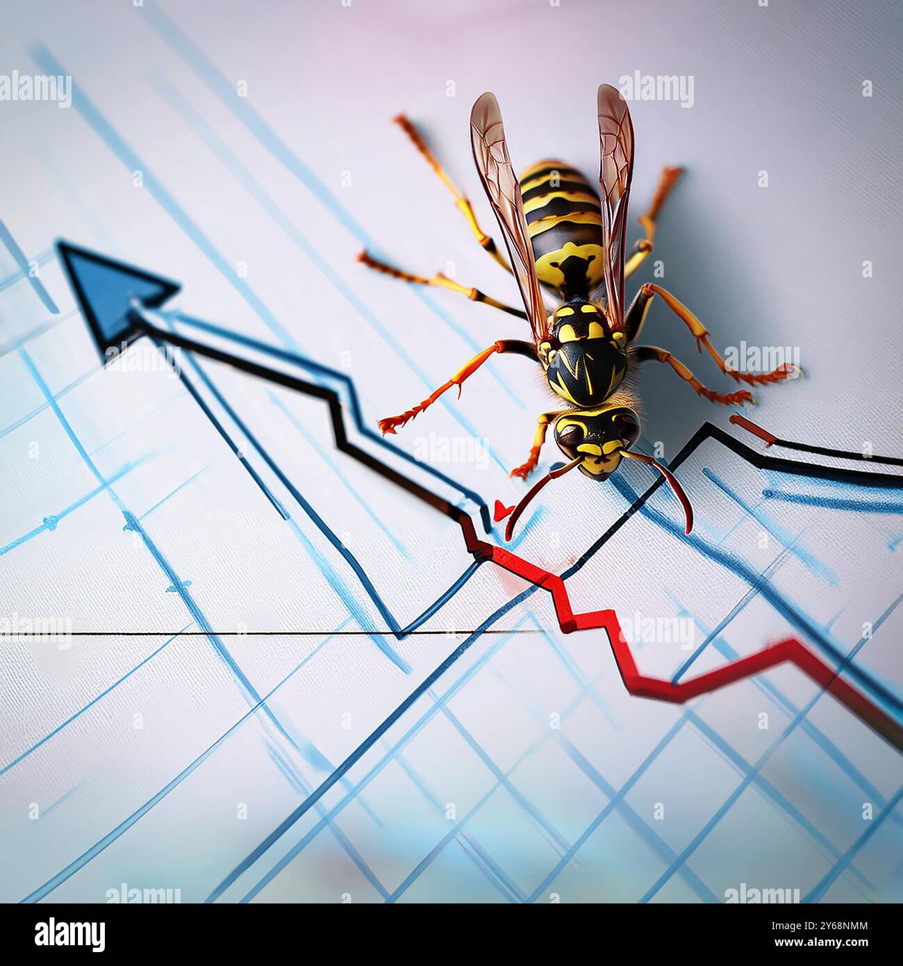 La piqûre financière dans la queue représente une guêpe sur un graphique financier, symbolisant les risques potentiels, les pertes inattendues ou les gains sur les marchés financiers Banque D'Images