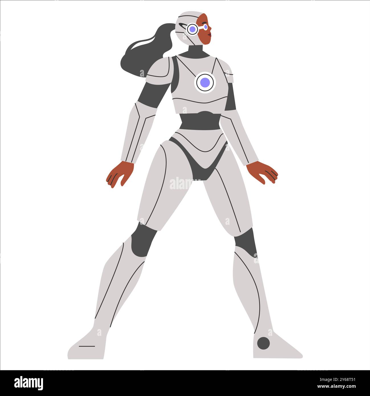 Concept futuriste de femme d'affaires. Une femme confiante en costume moderne d'exosquelette robotique est prête pour l'action. Transformation numérique dans les entreprises. Illustration vectorielle. Illustration de Vecteur