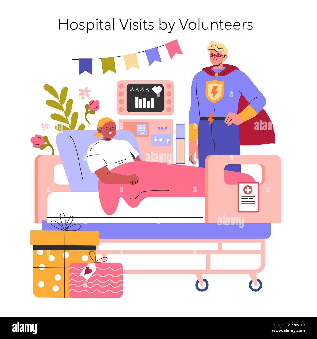 Concept des visites hospitalières par des volontaires. Une visite réconfortante d'un héros capoté à un patient dans une chambre d'hôpital, avec des cadeaux et des décorations. Illustration vectorielle. Illustration de Vecteur
