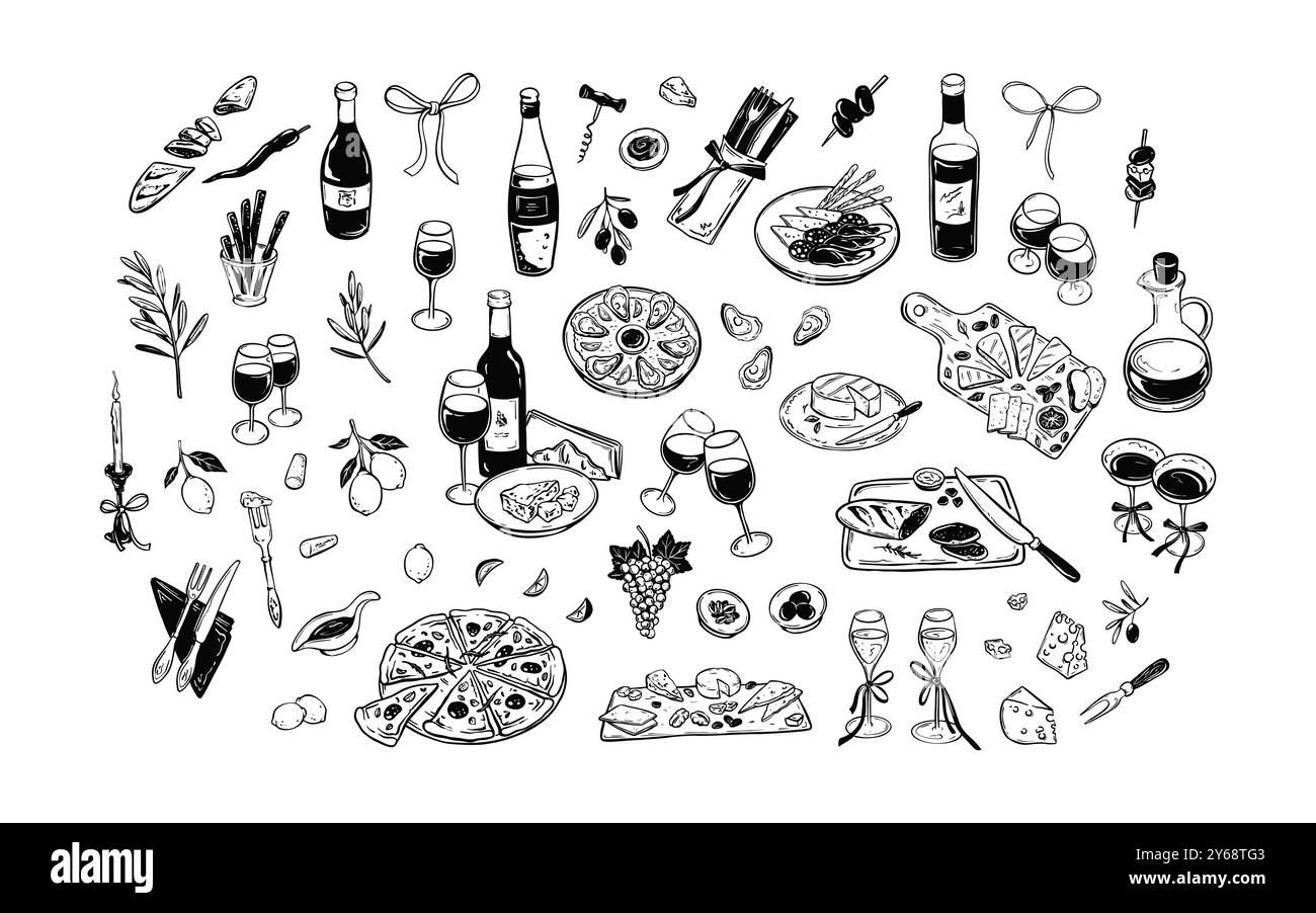 Jeu d'illustrations vectorielles de linecat de nourriture et de vin minimaliste. Style la Dolce vita. Décor de menu de restaurant méditerranéen, grec et italien. Lent Illustration de Vecteur