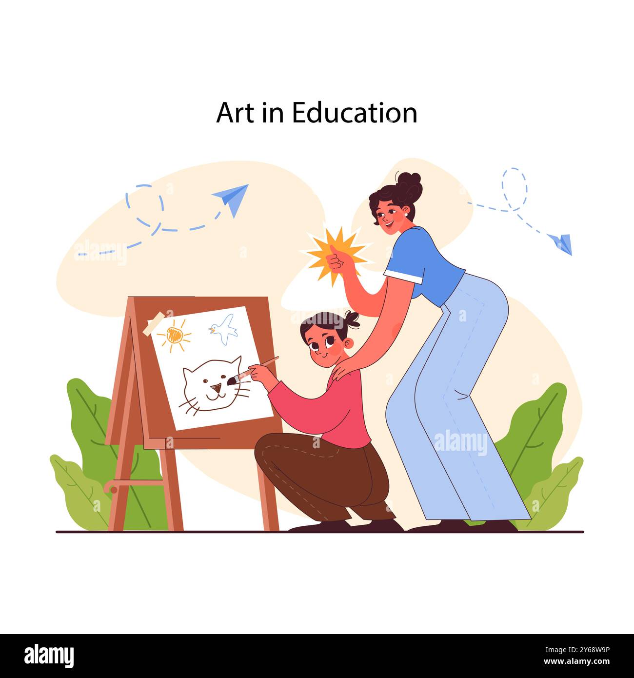 Pédagogie. L'art dans l'éducation, le développement de la créativité et l'art-thérapie. Les enfants de l'école primaire acquièrent des connaissances et des compétences, une approche moderne de l'enseignement. Illustration vectorielle plate Illustration de Vecteur