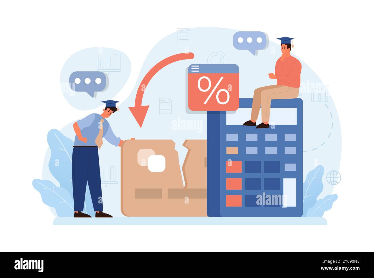 Dette étudiante. Jeune personnage diplômé avec une crise financière. Prêt à l'éducation expatrié. Problème de paiement après une graduation. Illustration vectorielle plate Illustration de Vecteur