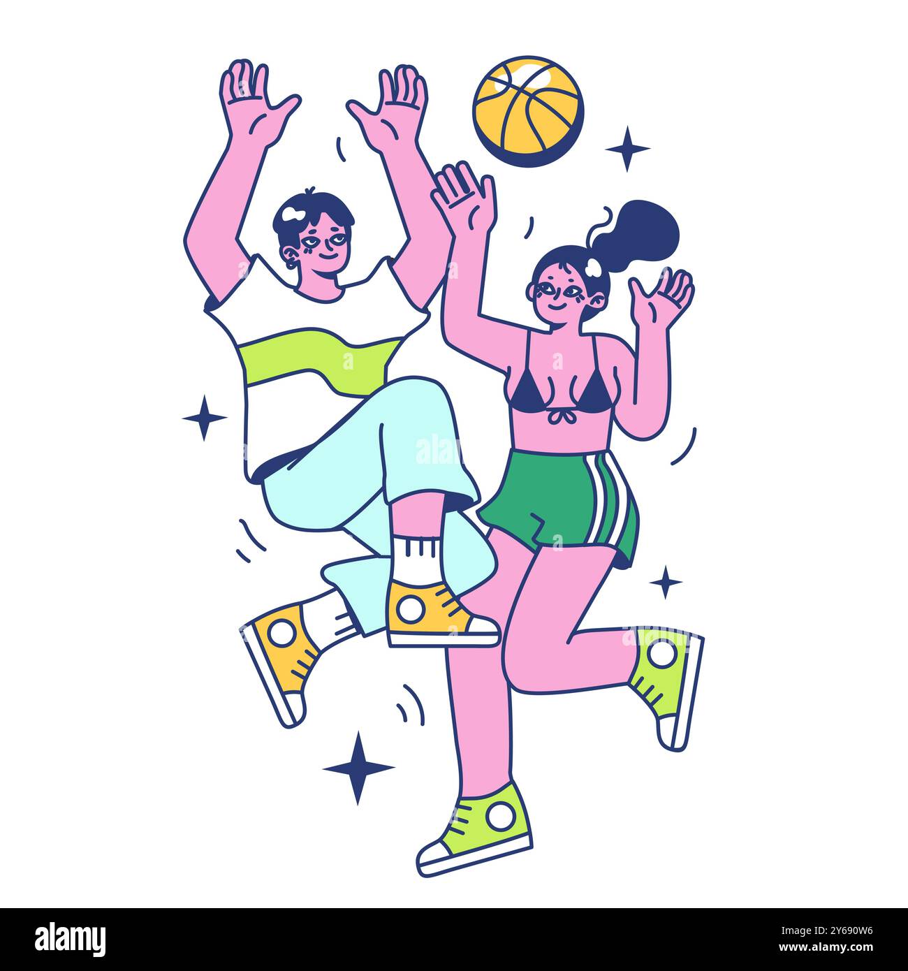 Camp de retraite. Traitement de la santé mentale. Personnages jouant au basket-ball. Joueurs de l'équipe pendant le match. Les jeunes adultes dans un sportswear jouent avec un ballon. Illustration vectorielle plate. Illustration de Vecteur