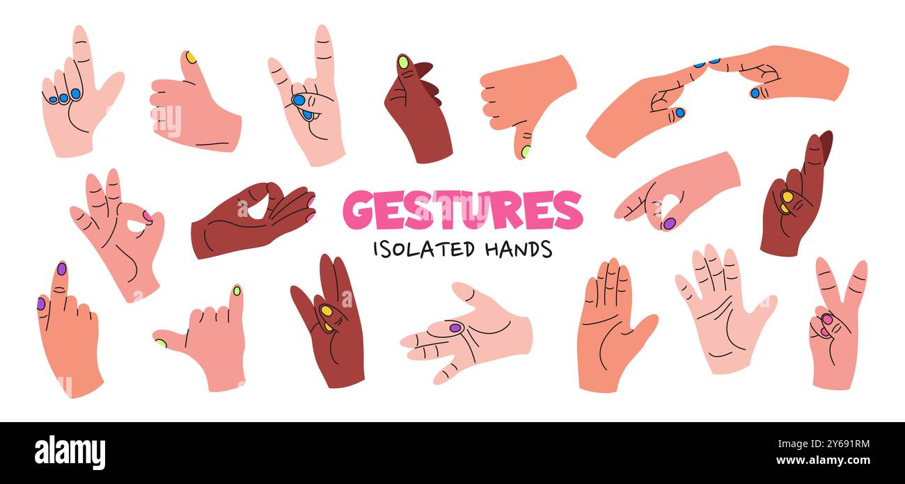 Mains humaines avec différents gestes et positions. Illustration de Vecteur