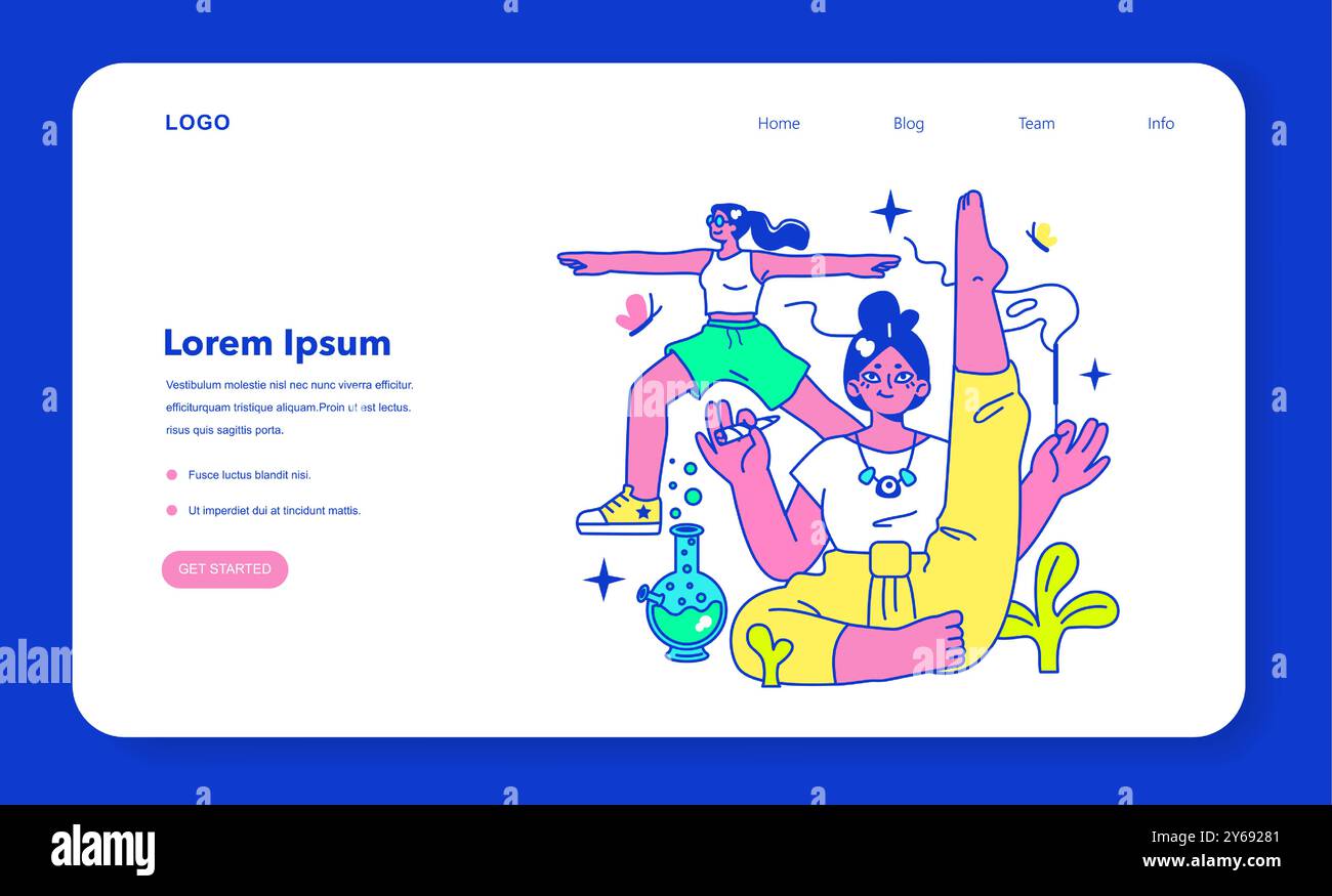 Bannière web ou page de destination de voyage psychédélique. Camp rave. Personnages buvant de l'alcool, prenant des drogues, des champignons et fumant de l'herbe au camping du festival. Illustration vectorielle plate Illustration de Vecteur