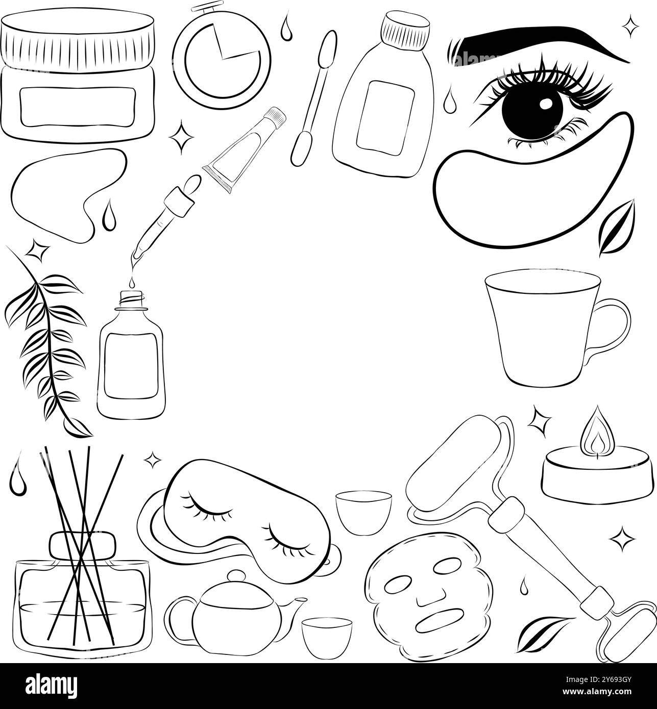 cadre d'outils de routine de soin de la peau. Cadre de ligne de vecteur avec illustrations dessinées à la main de diffuseur d'arôme, sérum, masque de sommeil, bougie, cache-oeil, mug, crème a Illustration de Vecteur