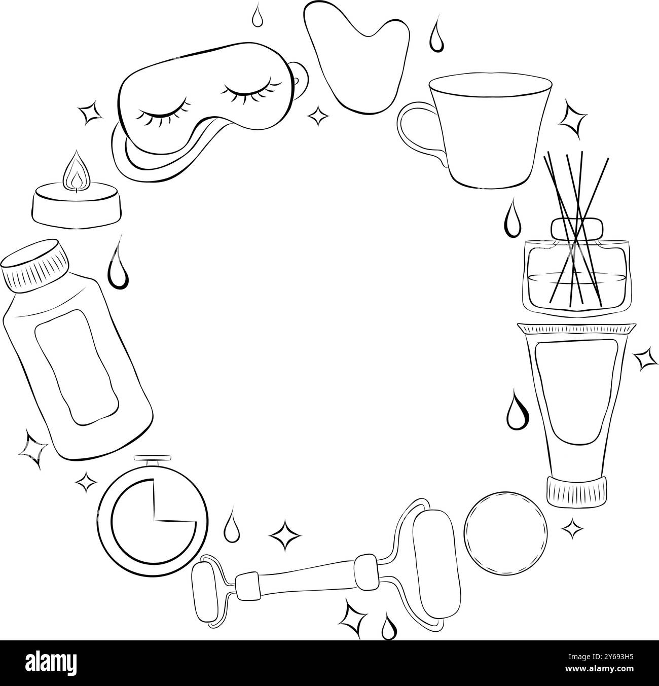 Cosmétiques de lavande faits à la main, pots, bougies, arôme, savon, sels, décorations, arcs, fleurs, paniers de rangement. Illustration dessinée à la main avec ligne graphique Illustration de Vecteur