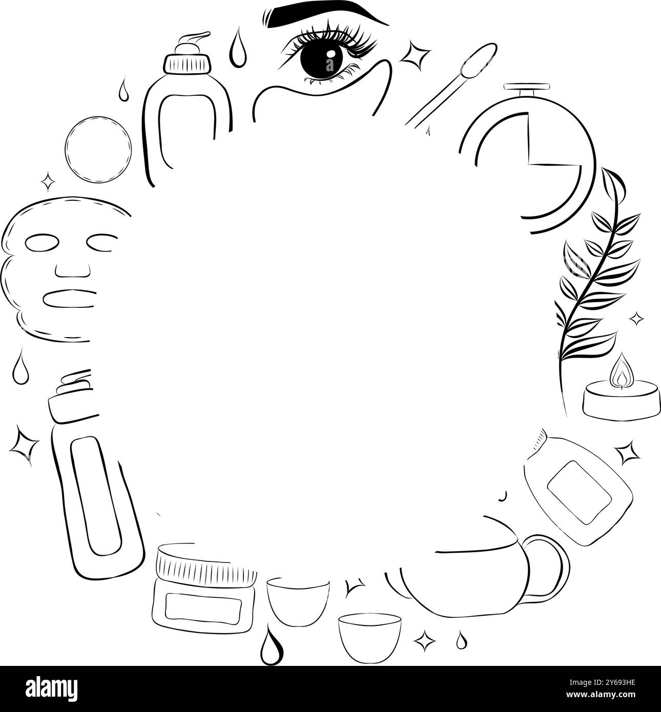 dessin d'esquisse de cosmétiques vectoriels. Motif rond avec éléments de doodle. Peut être utilisé pour la conception de cartes de vœux, d'affiches et de bannières. Illustration de Vecteur