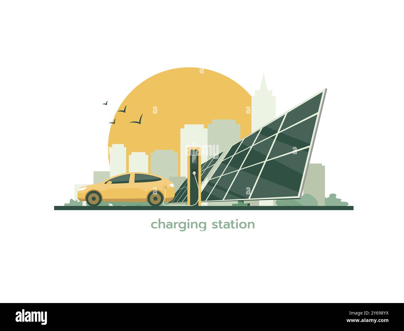 La voiture électrique est en charge. Station de recharge et panneaux solaires sur fond de paysage urbain. Illustration de Vecteur