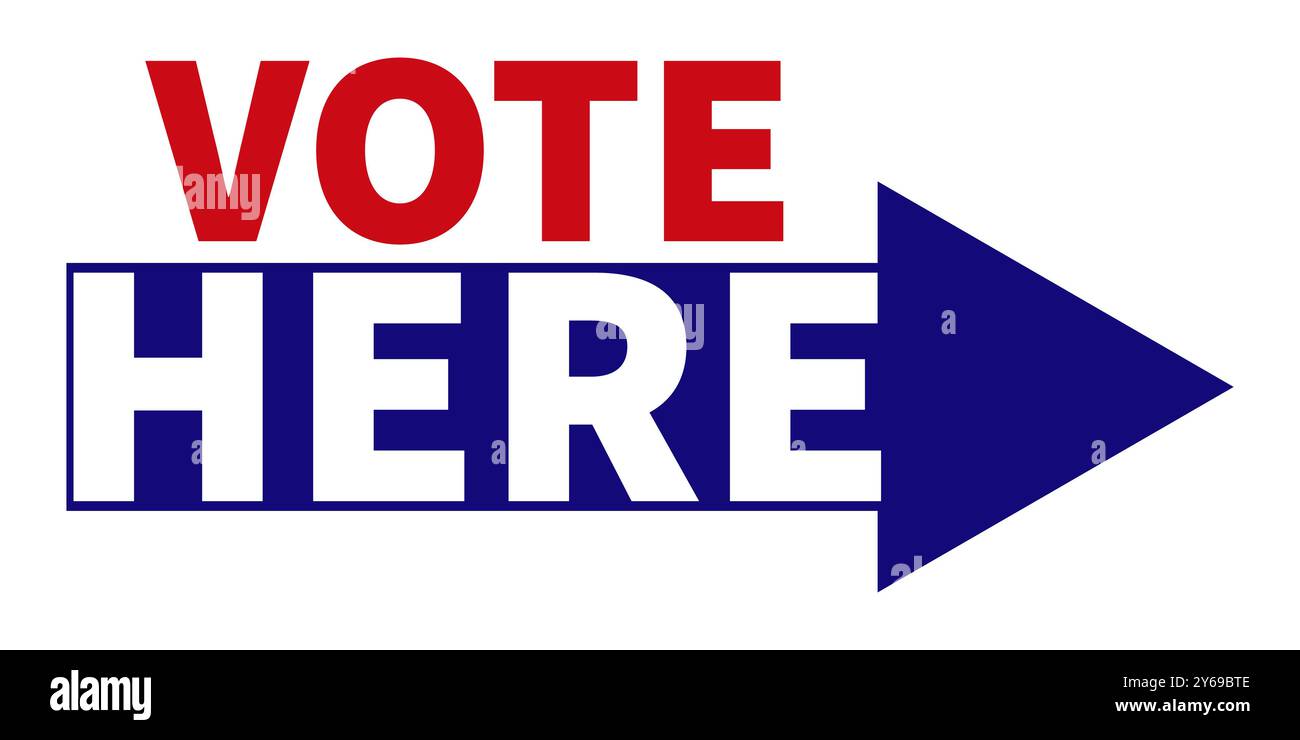 Un panneau de vote avec le texte VOTE ICI et une flèche. Conception simple et claire pour la direction liée à l'élection ou le bureau de vote. Illustration de Vecteur