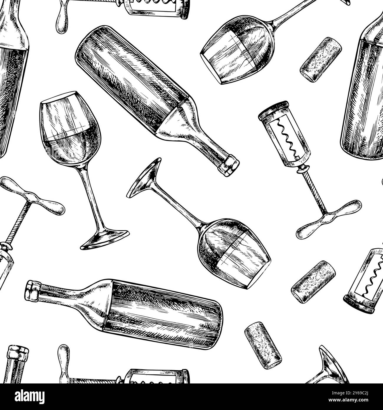 Modèle sans couture avec vin. Un verre à vin, une bouteille, un tire-bouchon et un bouchon. Noir et blanc, graphique, illustration vectorielle, dessiné à la main. Sur un dos blanc Illustration de Vecteur