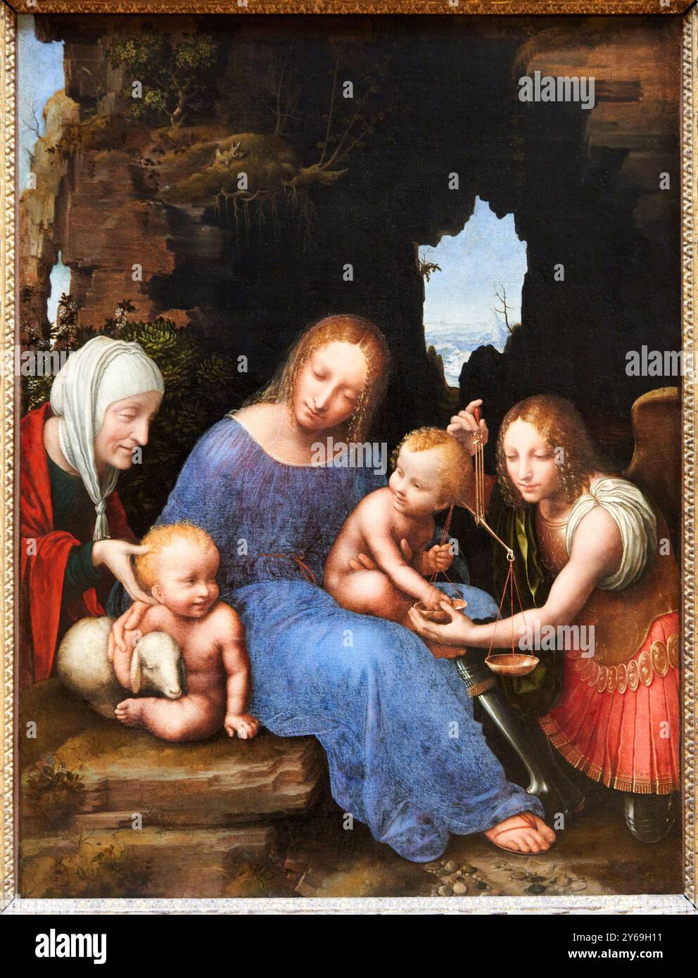 La Vierge à l'enfant avec Sainte Élisabeth, Saint Jean Baptiste et Saint Michel, dite la Vierge des écailles, huile sur panneau transférée sur toile, vers 1510, peintre anonyme, dit Maître de la. Vierge aux balances, actif en Lombardie dans le premier quart du 16° siècle, Musée du Louvre, Paris, France. Banque D'Images