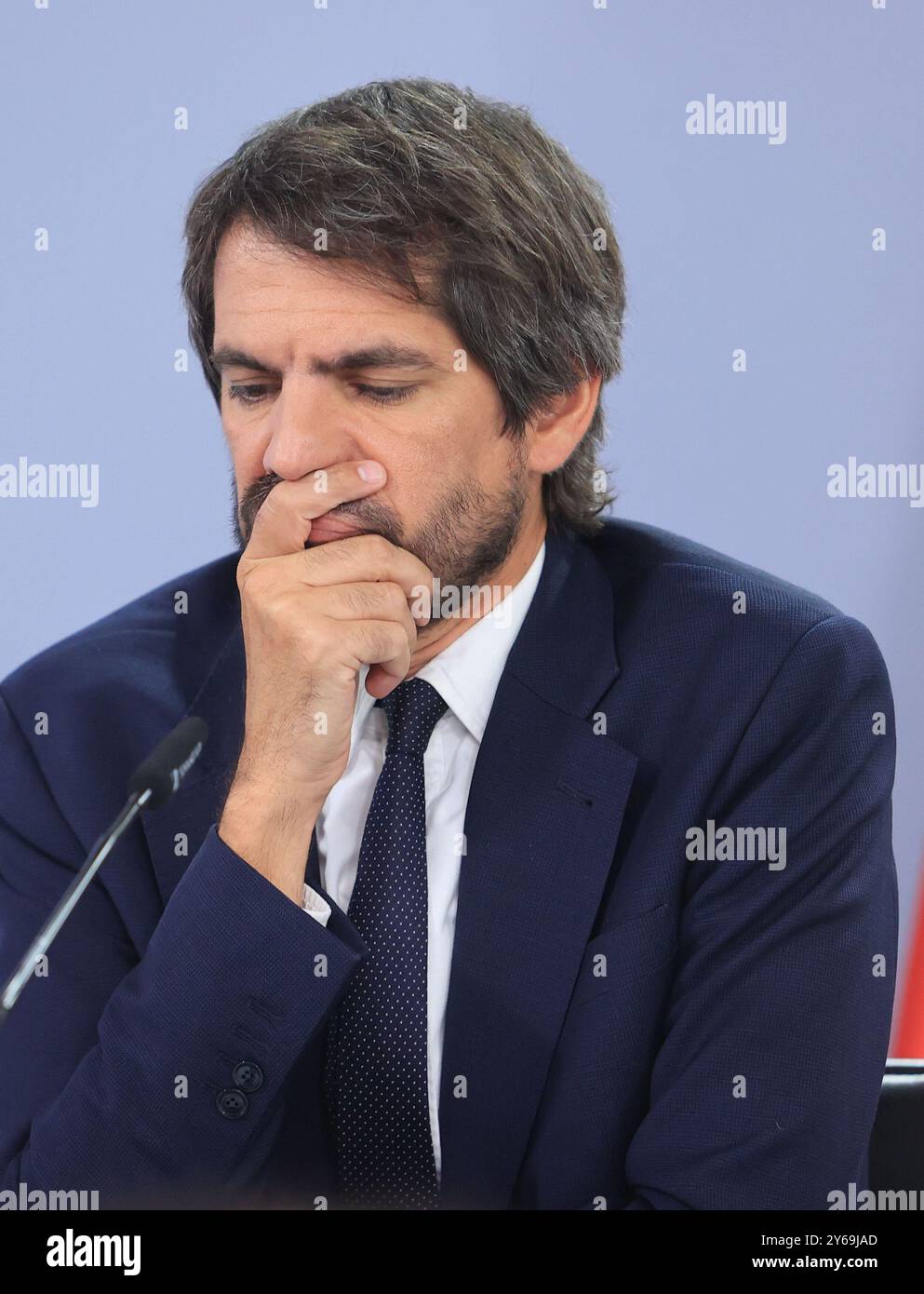 Madrid, 17/09/2024. Palais de Moncloa. Conférence de presse après le Conseil des ministres avec la ministre Pilar Alegría, le ministre de la Présidence, de la Justice et des relations avec le Parlement, Félix Bolaños, le ministre de la culture, Ernest Urtasun, et la ministre de l’Egalité, Ana Redondo. Photo : Jaime García. ARCHDC. Crédit : album / Archivo ABC / Jaime García Banque D'Images
