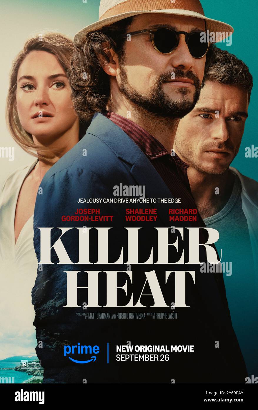Killer Heat (2024) réalisé par Philippe Lacôte avec Joseph Gordon-Levitt, Shailene Woodley et Richard Madden. Des frères jumeaux s'emmêlent dans un dangereux triangle amoureux sur une île grecque. Affiche publicitaire ***USAGE ÉDITORIAL SEULEMENT***. Crédit : vidéo BFA / Amazon Prime Banque D'Images