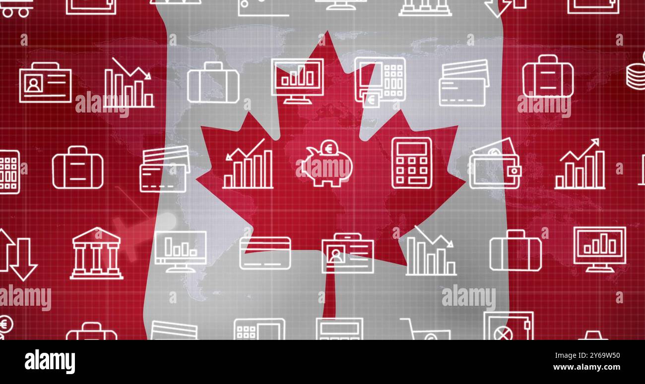 Drapeau canadien avec des icônes financières et commerciales sur la carte du monde Banque D'Images