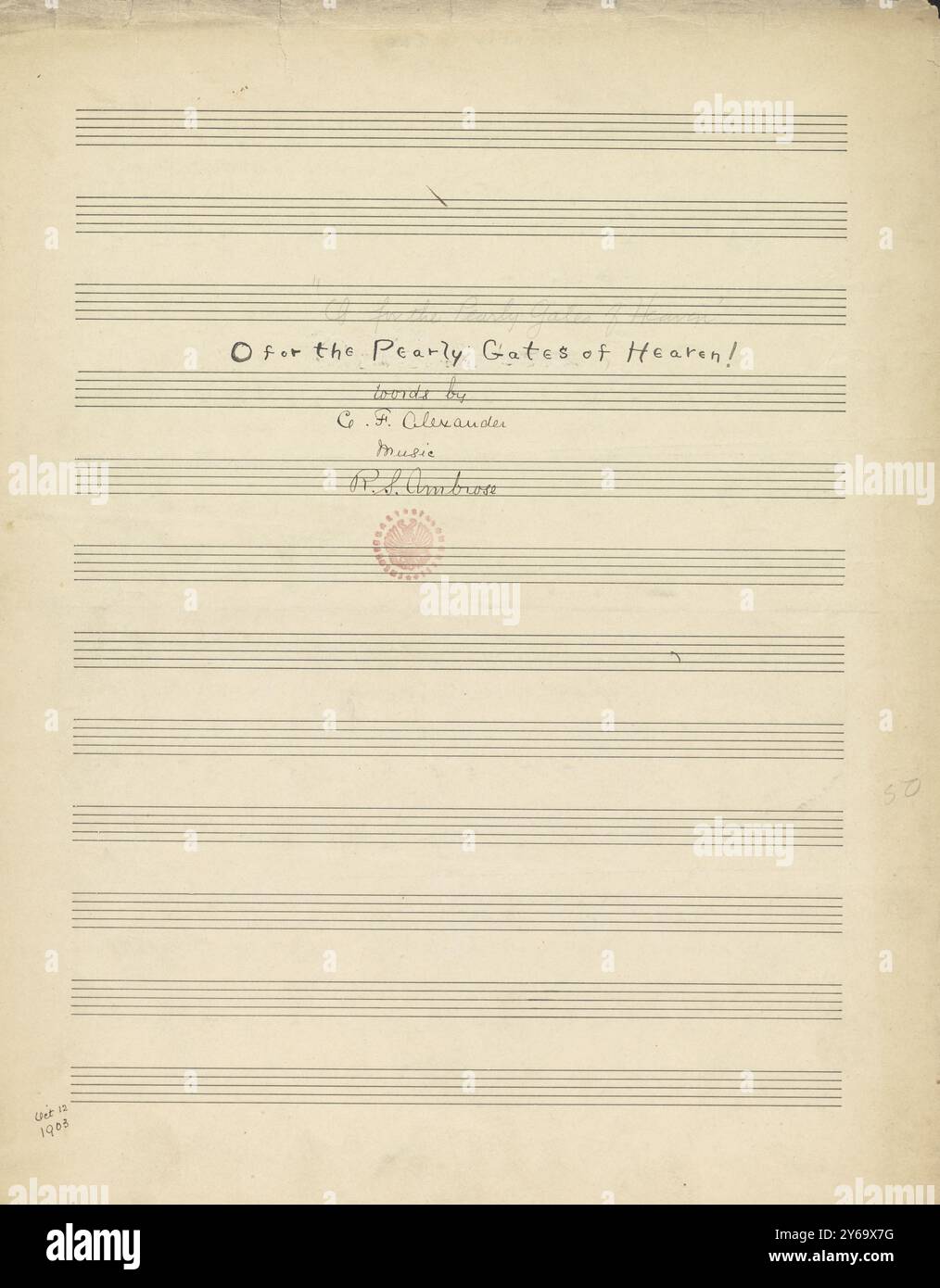 Musique 1800-1900, manuscrits de musique, Ambrose, R. S. O pour les portes nacrées du ciel, Ambrose, R. S., 1800 - 1900, Schmidt, Arthur Paul, édition musicale, musique populaire, écriture et édition, partitions, musique, États-Unis, 19e siècle, musique, États-Unis, manuscrits, États-Unis, manuscrits Banque D'Images