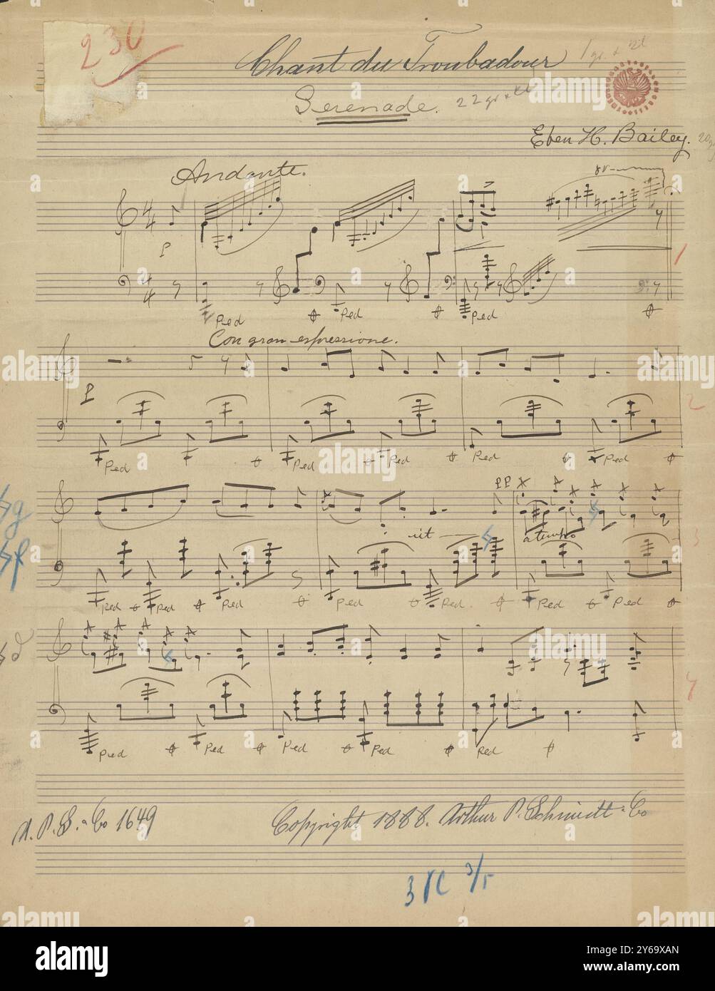 Musique 1800-1900, manuscrits de musique, Bailey, Eben H. chant du troubadour, Bailey, Eben H., 1800 - 1900, Schmidt, Arthur Paul, édition musicale, musique populaire, écriture et édition, partitions, musique, États-Unis, 19e siècle, musique, États-Unis, manuscrits, États-Unis, manuscrits Banque D'Images