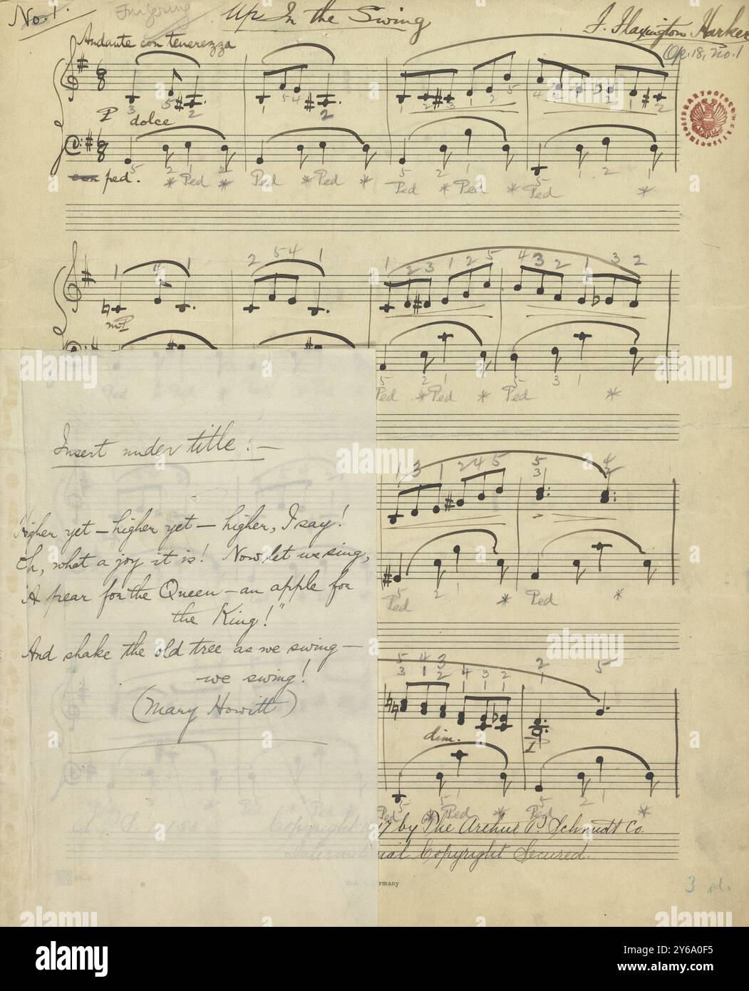 Musique 1800-1900, manuscrits de musique, Harker, F. Flaxington. En haut dans la balançoire, op. 18, non. 1, Harker, F. Flaxington., 1800 - 1900, Schmidt, Arthur Paul, édition musicale, musique populaire, écriture et édition, partitions, musique, États-Unis, 19e siècle, musique, États-Unis, manuscrits, États-Unis, manuscrits Banque D'Images