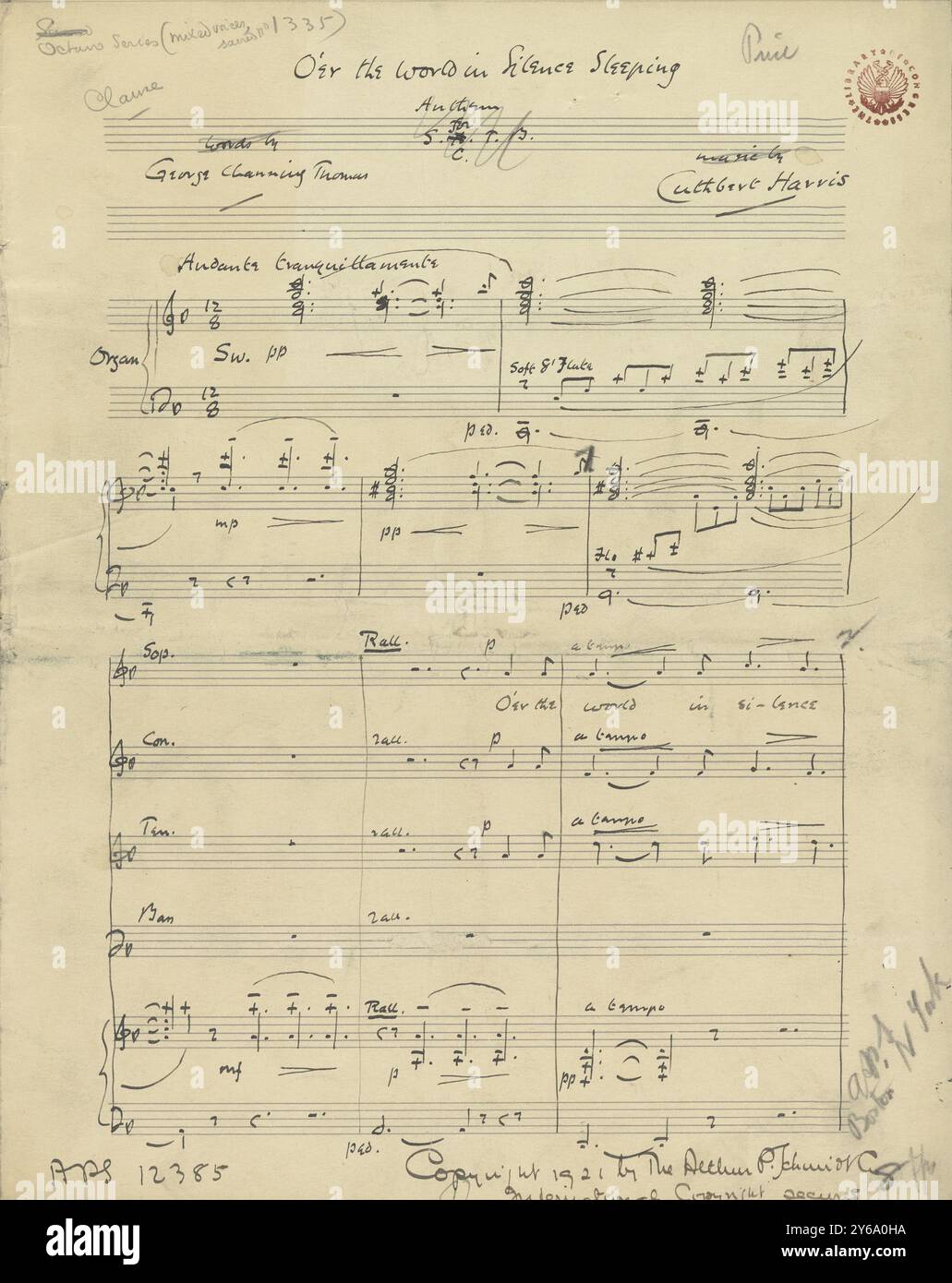 Musique 1800-1900, manuscrits de musique, Harris, Cuthbert. O'er le monde en silence endormi, pour chœur, voix mixtes (SATB) et orgue, Harris, Cuthbert., 1800 - 1900, Schmidt, Arthur Paul, édition musicale, musique populaire, écriture et édition, partitions, musique, États-Unis, 19e siècle, musique, États-Unis, manuscrits, États-Unis, manuscrits Banque D'Images