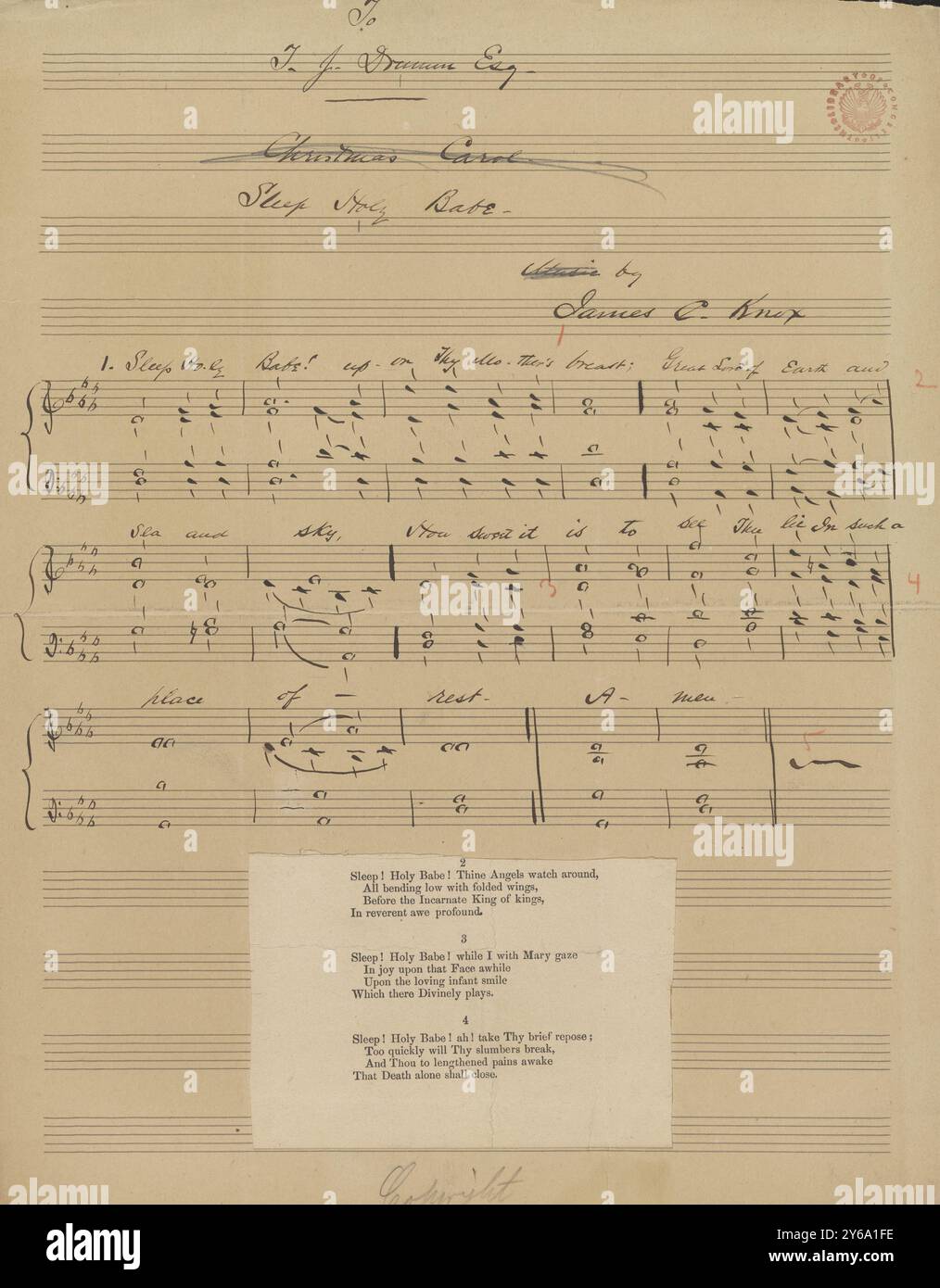 Musique 1800-1900, manuscrits de musique ; Knox, James C. Sleep Holy Babe, Knox, James C., 1800 - 1900, Schmidt, Arthur Paul, édition musicale, musique populaire, écriture et édition, partitions, musique, États-Unis, 19e siècle, musique, États-Unis, manuscrits, États-Unis, manuscrits Banque D'Images