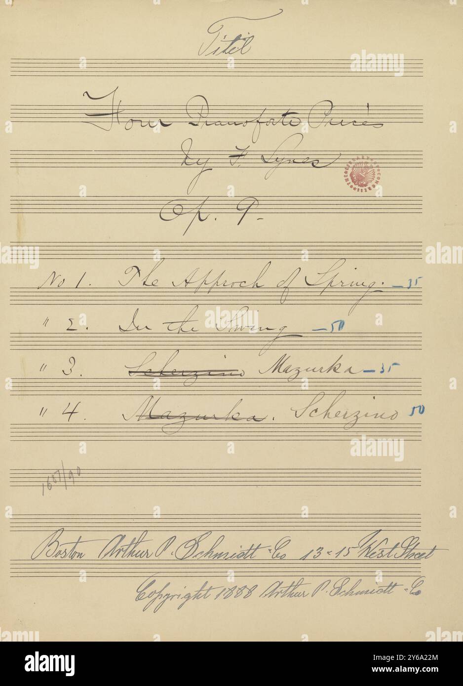 Musique 1800-1900, manuscrits de musique, Lynes, Frank. Quatre pièces de pianoforte, op. 9, Lynes, Frank., 1800 - 1900, Schmidt, Arthur Paul, édition musicale, musique populaire, écriture et édition, partition, musique, États-Unis, 19th Century, musique, États-Unis, manuscrits, États-Unis, manuscrits Banque D'Images