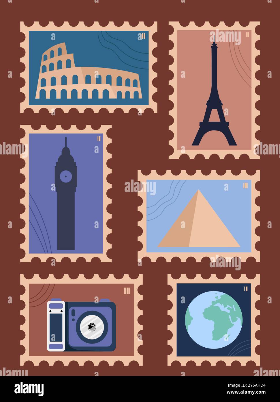 Jeu de timbres. Courrier et affranchissement. Colisée romain, Paris Tour Eiffel, Londres Big Ban. Caméra, globe et pyramide. Voyage et voyage. Vecteur plat Illustration de Vecteur