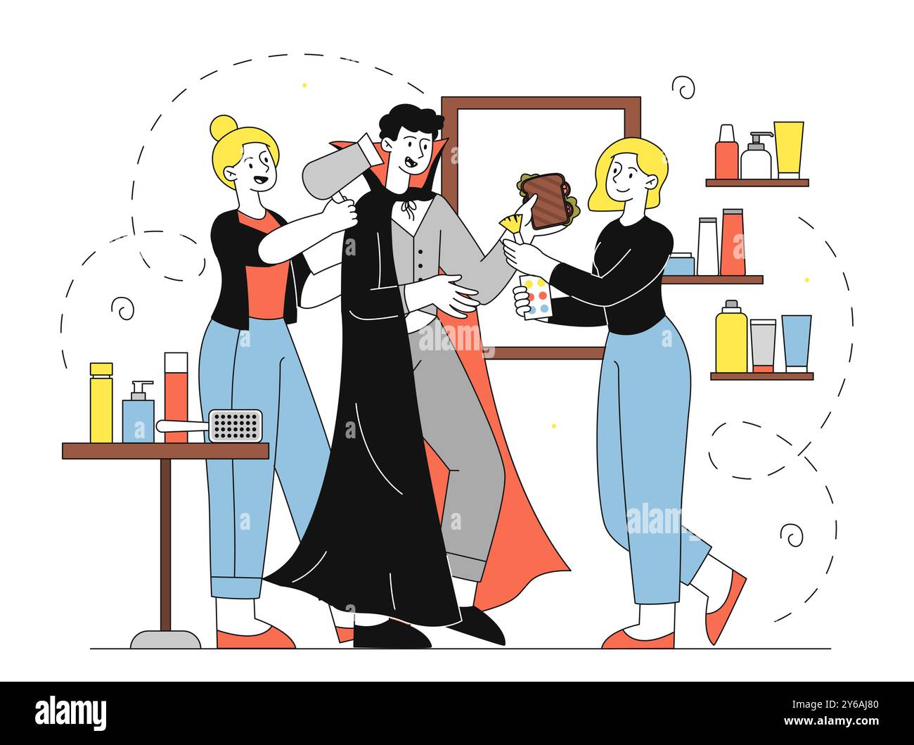 Maquilleuse avec dracula. Les femmes se maquillent sur un homme habillé en vampire. Préparation pour Halloween et fête costumée, mascarade. Vecteur linéaire Illustration de Vecteur