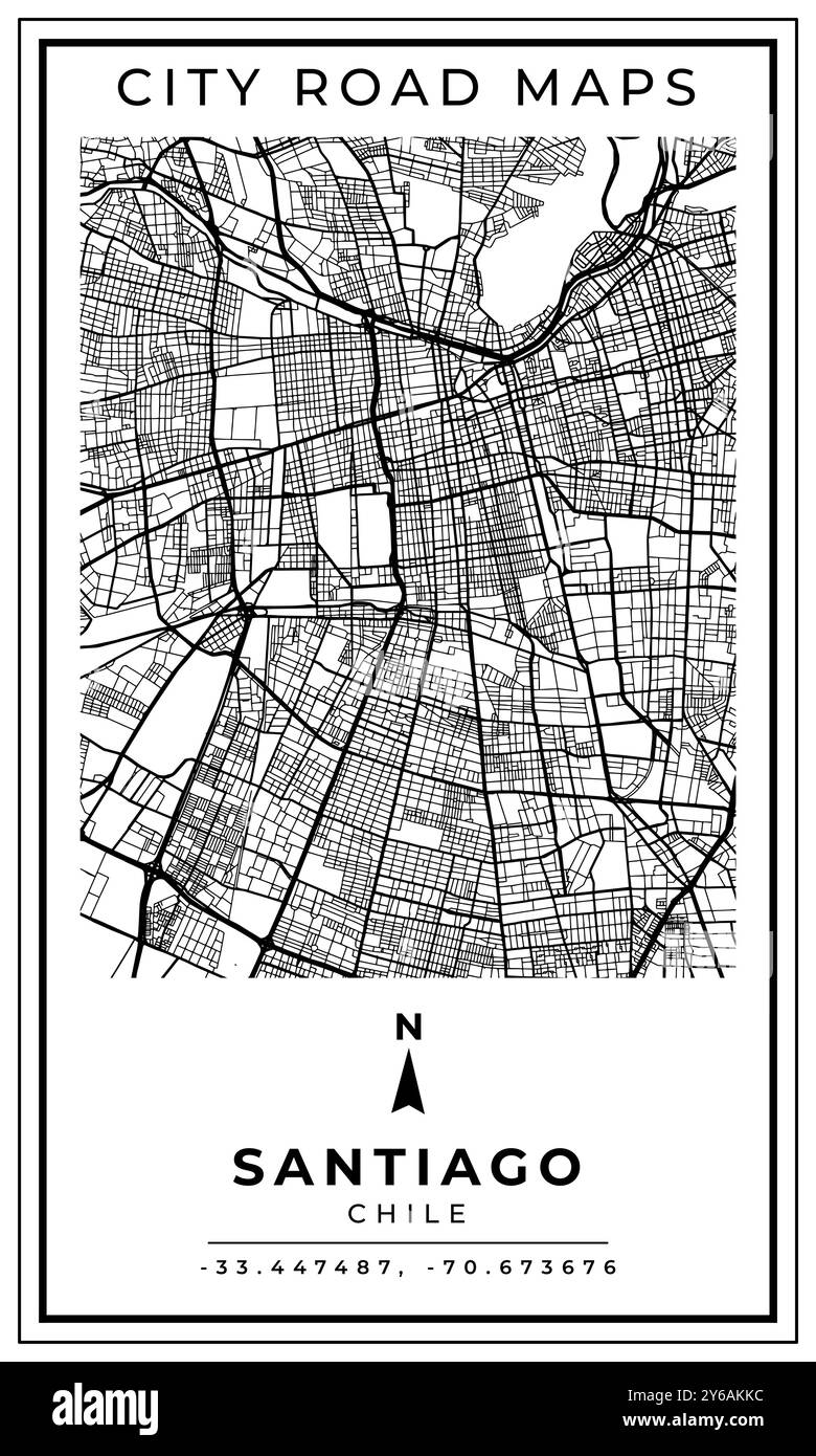 Carte de rue monochrome Line Art de Santiago ville du Chili, illustration et décoration de la maison Illustration de Vecteur