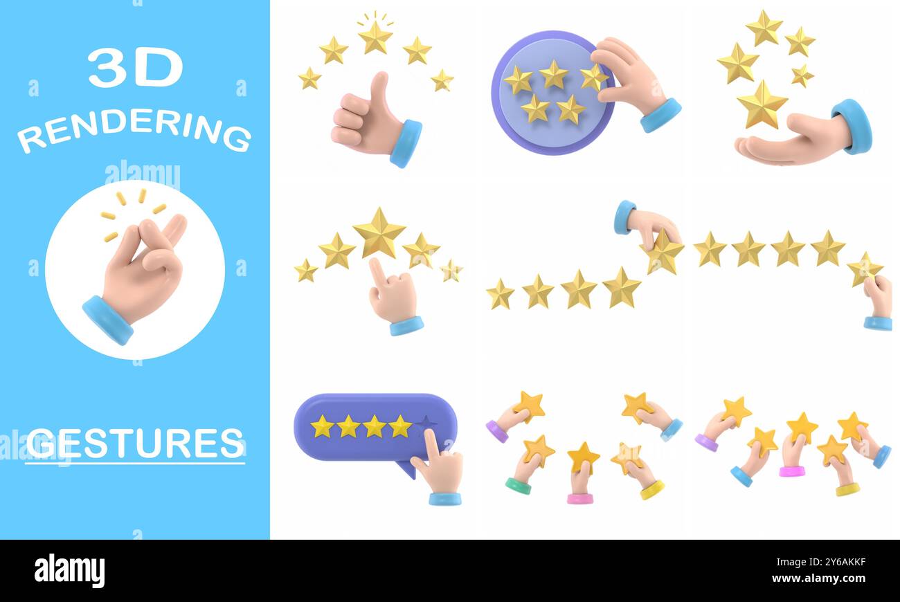 Collection de gestes de rendu 3D, maquette d'icône de geste de dessin animé. Nombre d'étoiles. Homme d'affaires tenant une étoile d'or à la main, pour en donner cinq. Concept de feedback. EVAL Banque D'Images