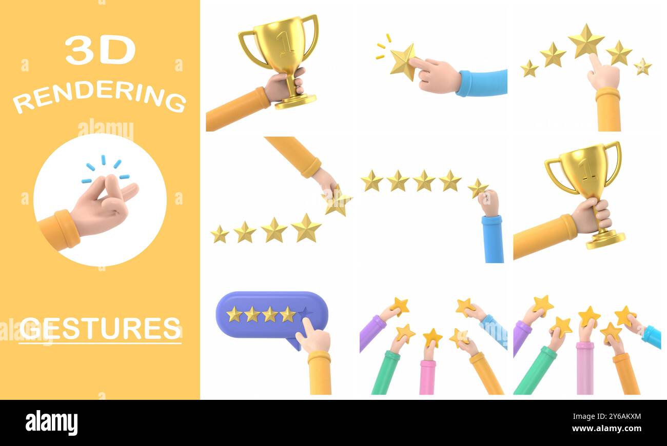 Collection de gestes de rendu 3D, maquette d'icône de geste de dessin animé. Nombre d'étoiles. Homme d'affaires tenant une étoile d'or à la main, pour en donner cinq. Concept de feedback. EVAL Banque D'Images