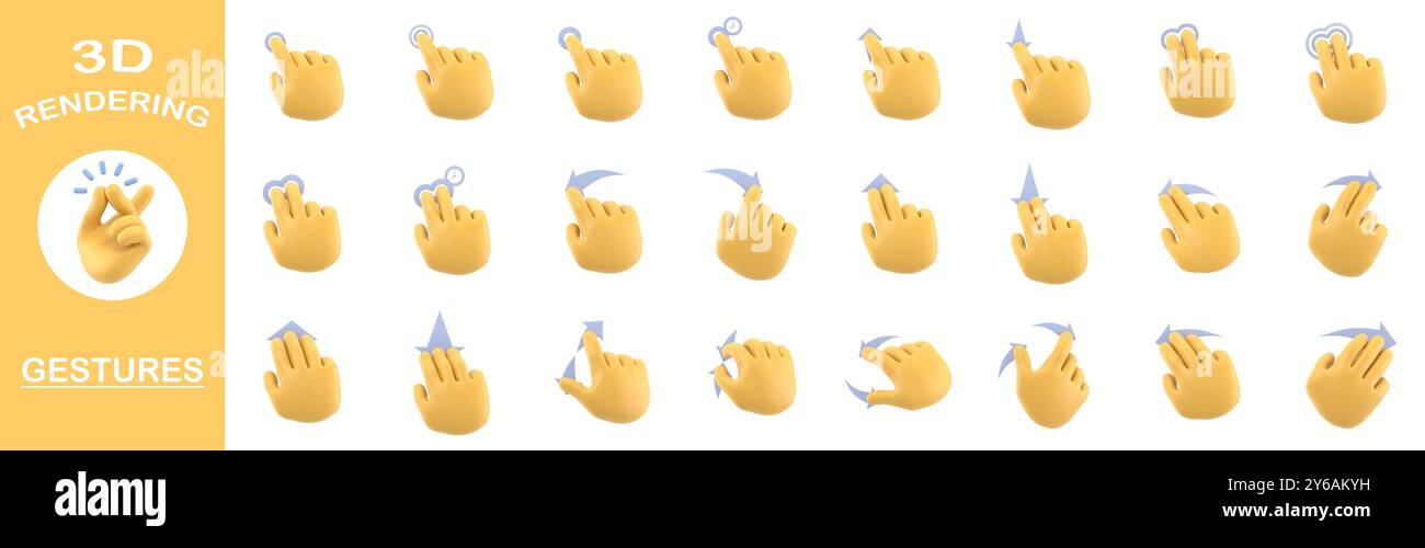 Collection de gestes de rendu 3D, maquette d'icône de geste de dessin animé. Icônes de ligne de geste de l'écran tactile.illustration 3D divers gestes de l'écran tactile. Banque D'Images