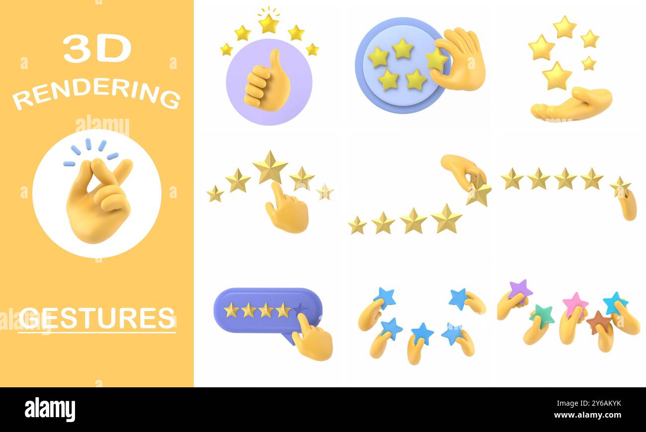 Collection de gestes de rendu 3D, maquette d'icône de geste de dessin animé. Nombre d'étoiles. Homme d'affaires tenant une étoile d'or à la main, pour en donner cinq. Concept de feedback. EVAL Banque D'Images