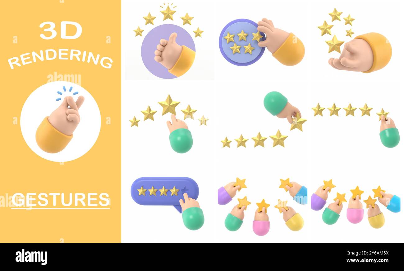 Collection de gestes de rendu 3D, maquette d'icône de geste de dessin animé. Nombre d'étoiles. Homme d'affaires tenant une étoile d'or à la main, pour en donner cinq. Concept de feedback. EVAL Banque D'Images