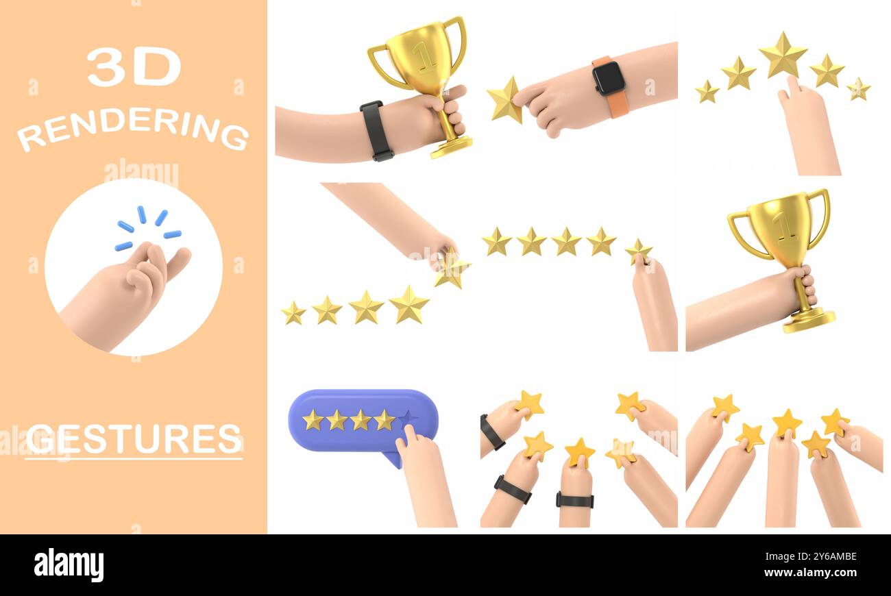 Collection de gestes de rendu 3D, maquette d'icône de geste de dessin animé. Nombre d'étoiles. Homme d'affaires tenant une étoile d'or à la main, pour en donner cinq. Concept de feedback. EVAL Banque D'Images