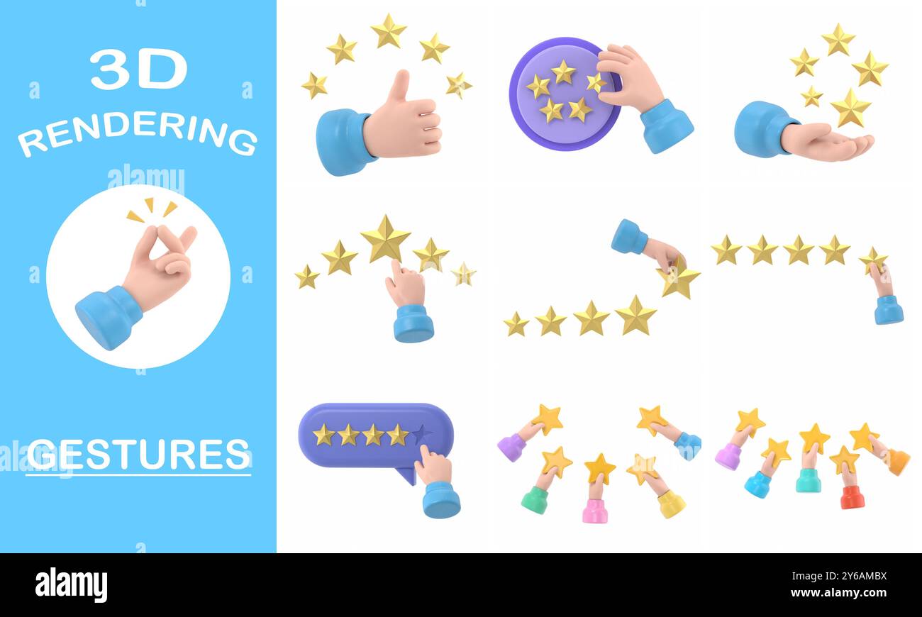 Collection de gestes de rendu 3D, maquette d'icône de geste de dessin animé. Nombre d'étoiles. Homme d'affaires tenant une étoile d'or à la main, pour en donner cinq. Concept de feedback. EVAL Banque D'Images